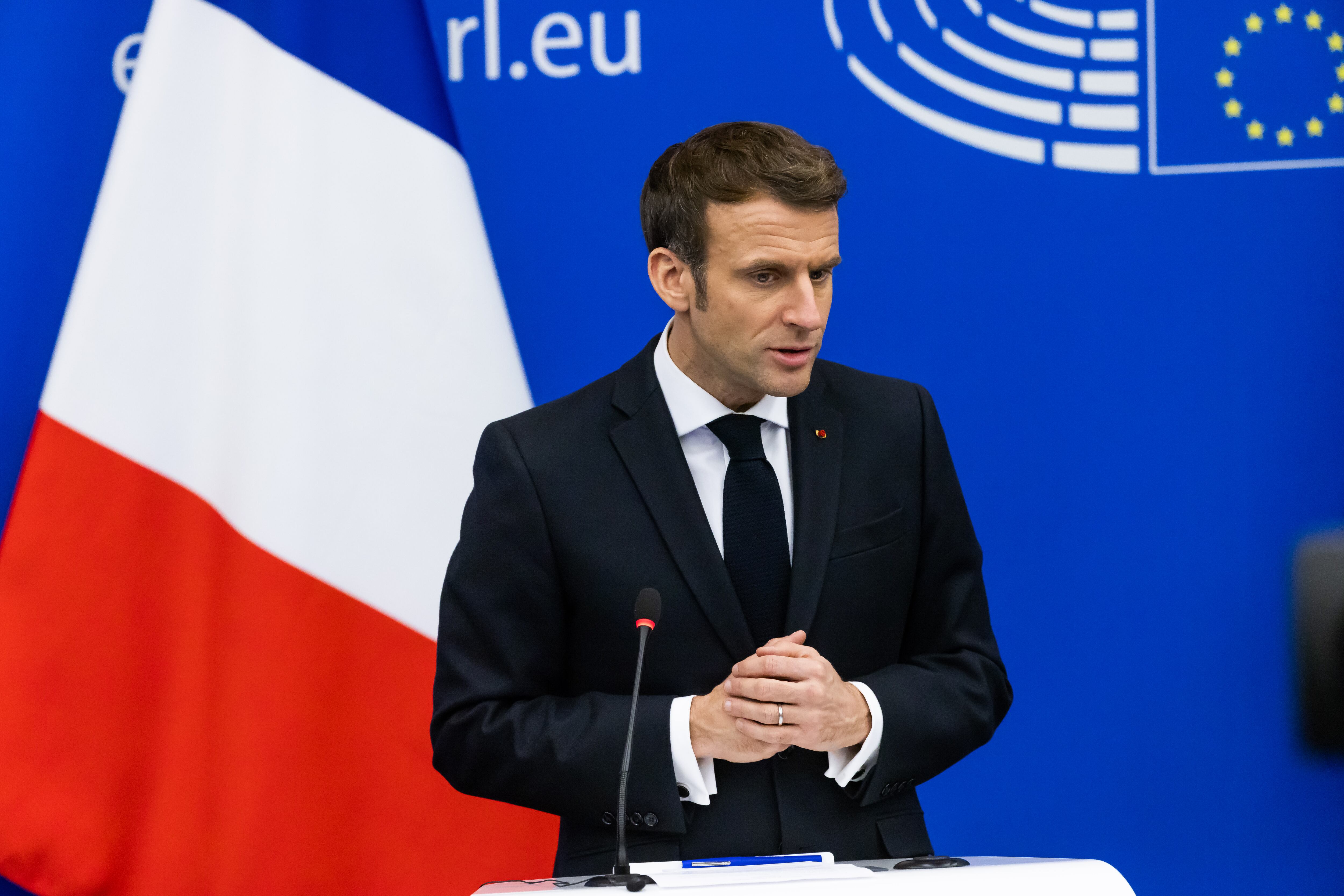 19 January 2022, France, Straßburg: Emmanuel Macron (LaREM), President of France, stands and speaks during a press statement in the European Parliament building. During today's plenary session of the European Parliament, Emmanuel Macron presents the objectives of the beginning Presidency of the Council of France. Photo: Philipp von Ditfurth/dpa (Photo by Philipp von Ditfurth/picture alliance via Getty Images)