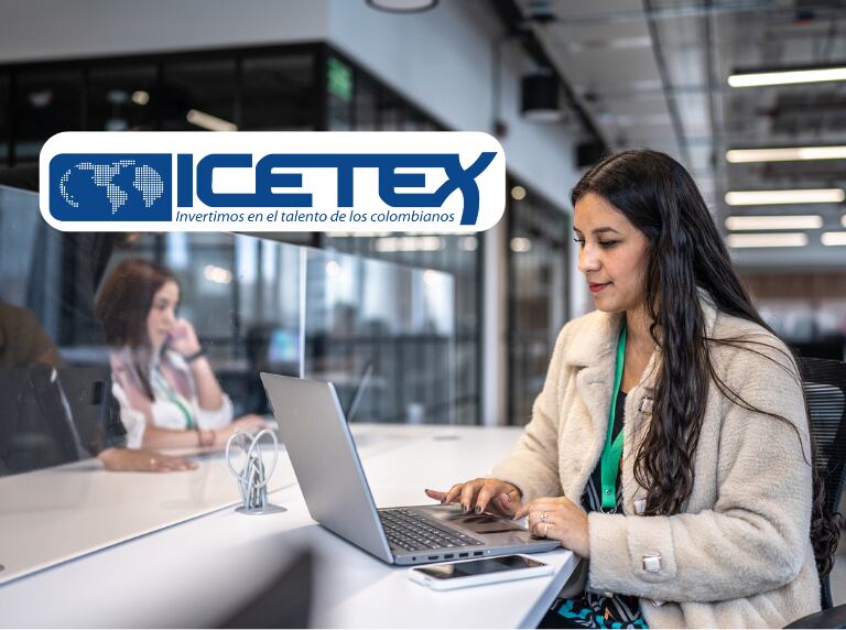 Joven trabajando en Colombia (Getty Images) / Logo de ICETEX