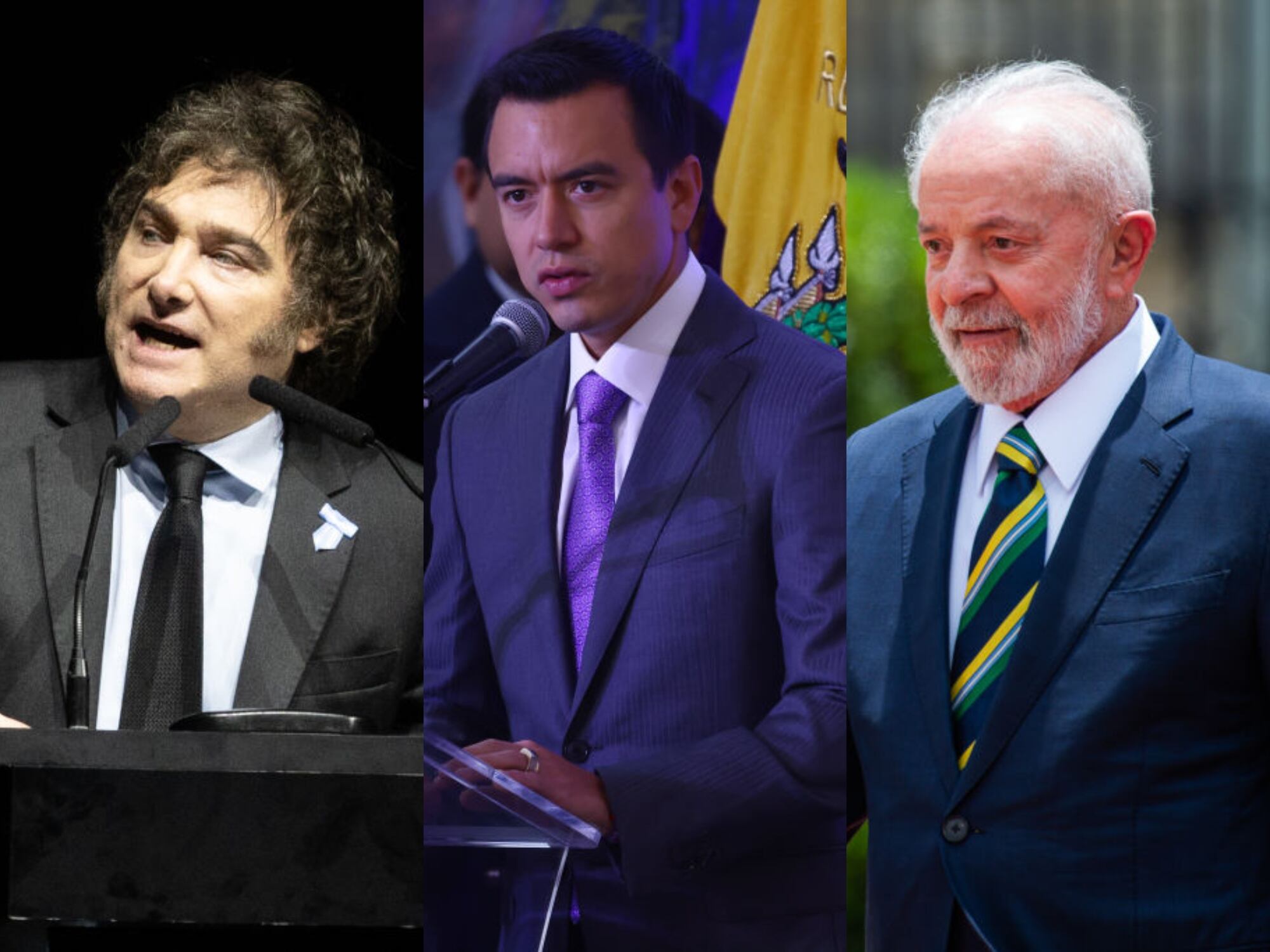 Javier Milei, Daniel Noboa, y Lula Da Silva. Fotos: Getty Images