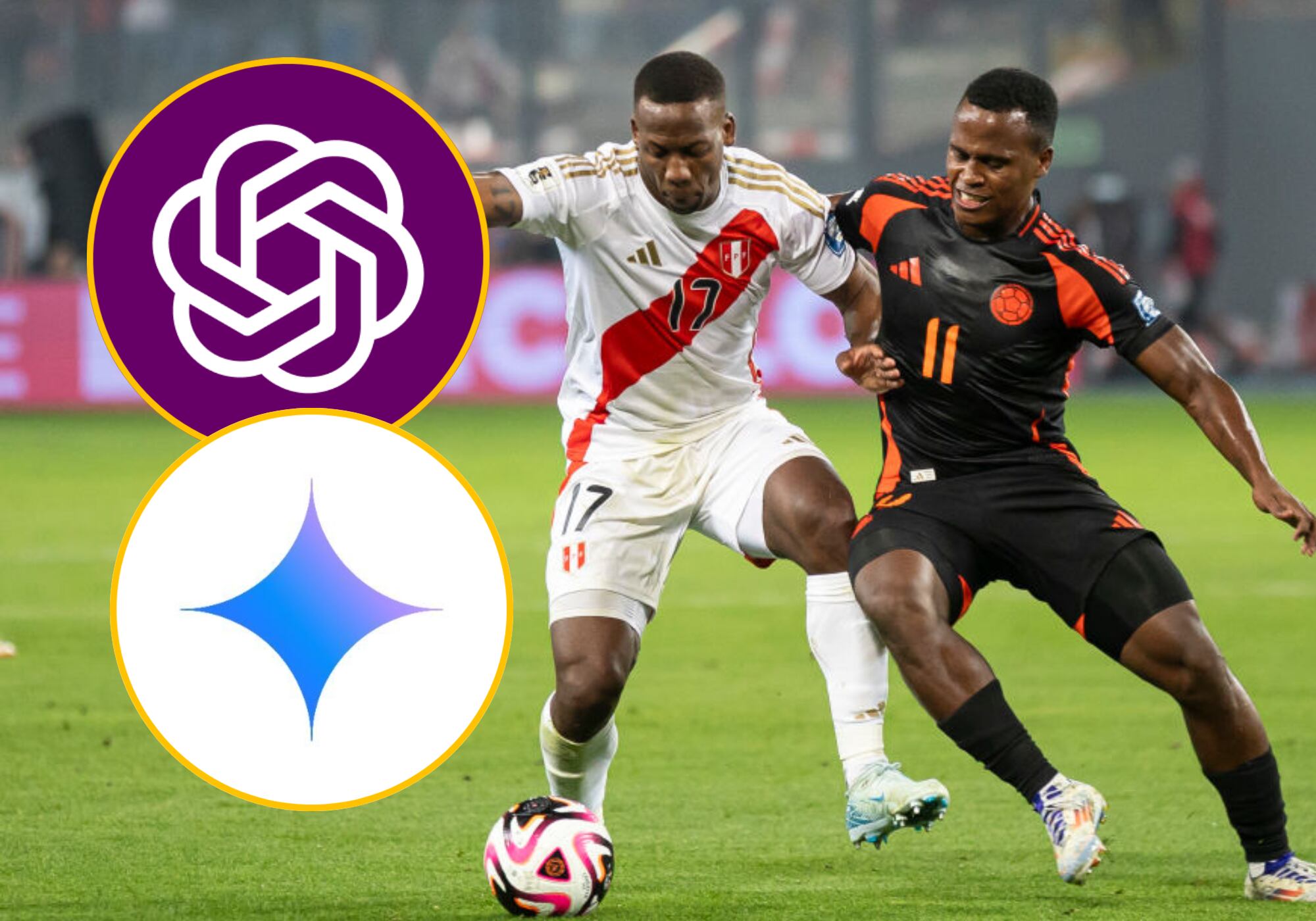 Luis Advíncula, Jhon Arias y logos de ChatGPT y Gemini. Fotos: (Photo by Mijael Quintana/Eurasia Sport Images/Getty Images) / X @ChatGPTappy @GeminiApp