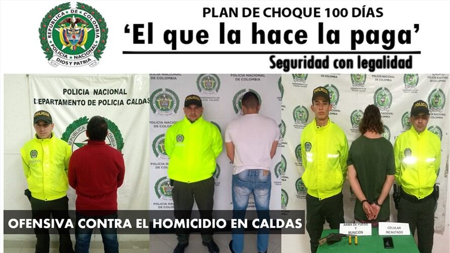 Los tres capturados son responsables de haber asesinado a igual número de personas hace tres semanas en Caldas. Foto: Policía Nacional