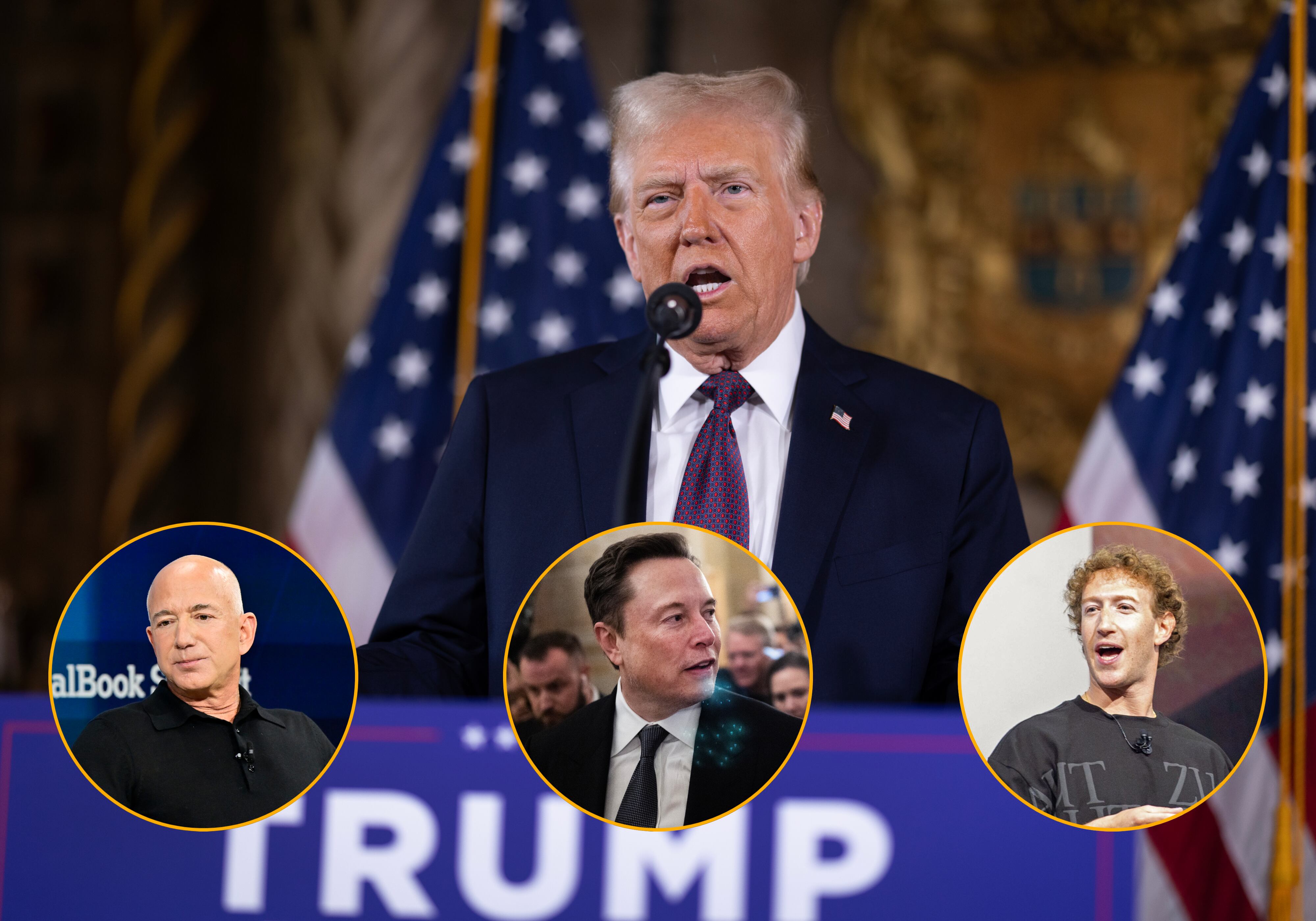 El presidente electo de Estados Unidos, Donald Trump (Scott Olson/Getty Images), y los magnates de la tecnología Jeff Bezos (Eugene Gologursky/Getty Images for The New York Times), Elon Musk (Tom Williams/CQ-Roll Call, Inc vía Getty Images) y Mark Zuckerberg (Andrej Sokolow/picture alliance vía Getty Images)