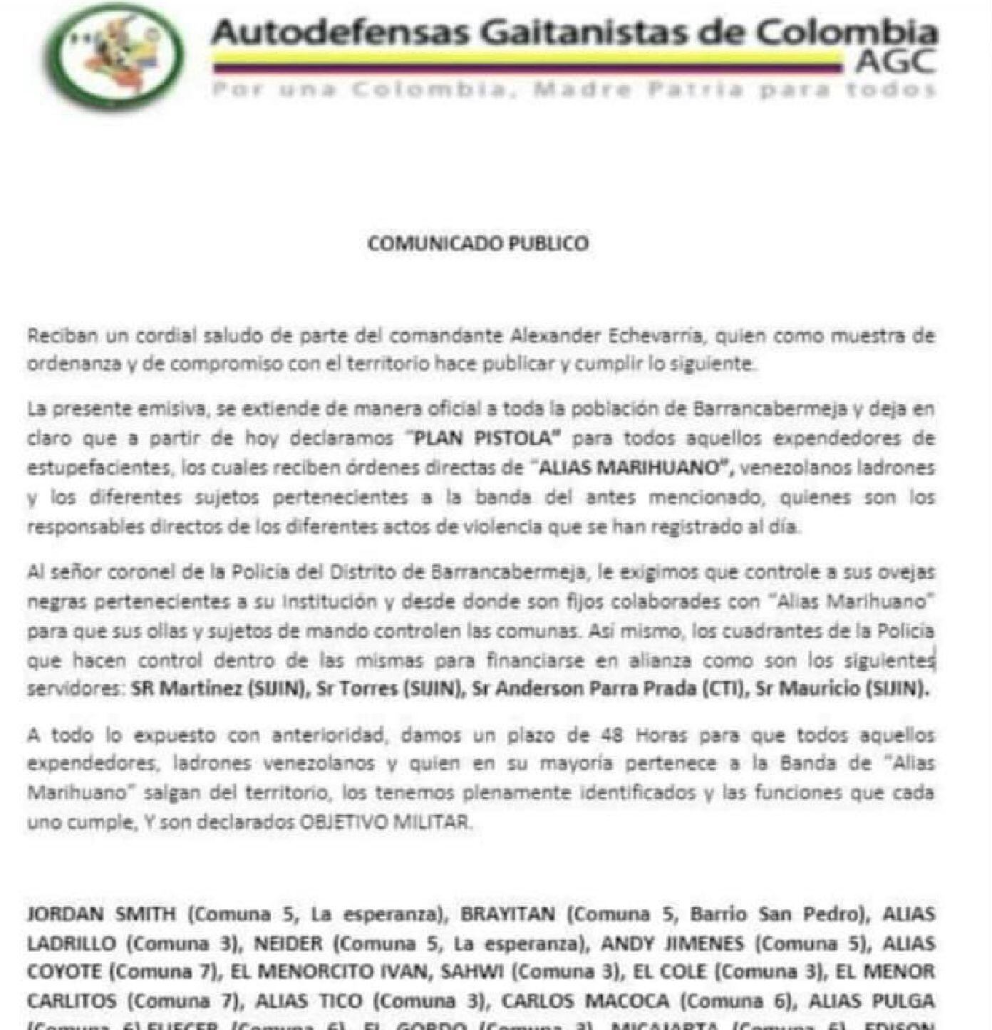 Panfleto amenazante en Barrancabermeja. Foto: Suministrada a Melissa Múnera.