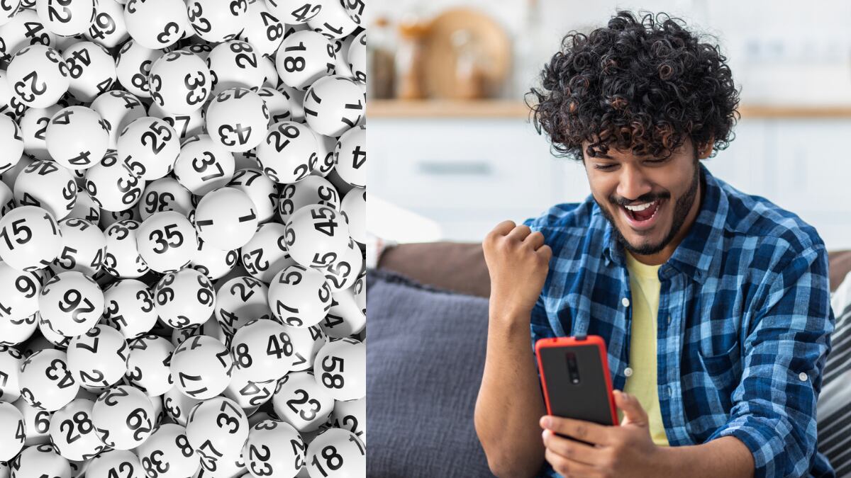 Persona feliz mirando su celular / Pelotas de lotería (Getty Images)