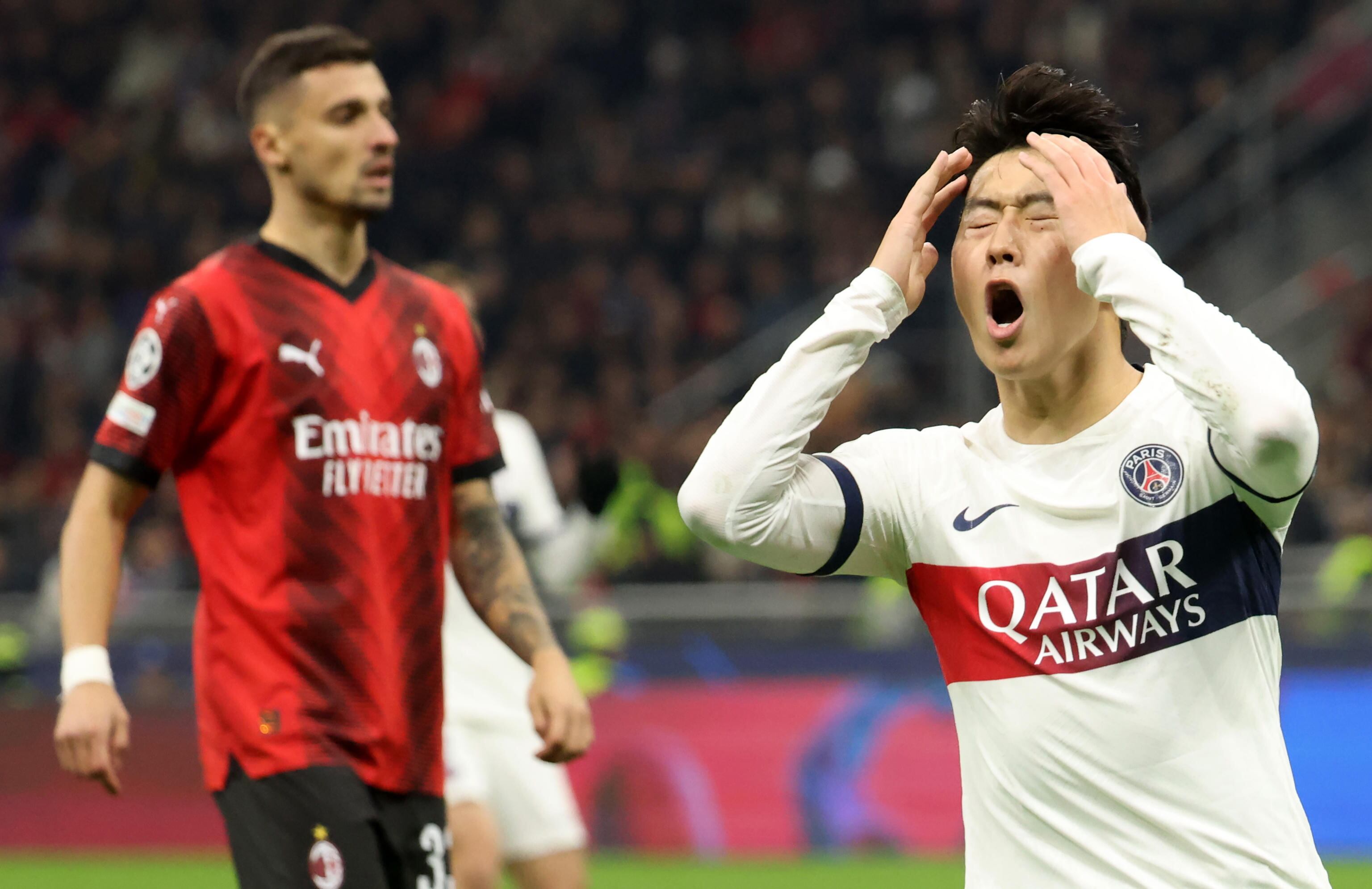 Paris Saint-German's Kang-in Lee reacts during the UEFA Champions League group F soccer match between Ac Milan and Paris Saint-German's at Giuseppe Meazza stadium in Milan, Italy, 07 November 2023. (Liga de Campeones, Italia) EFE/EPA/MATTEO BAZZI