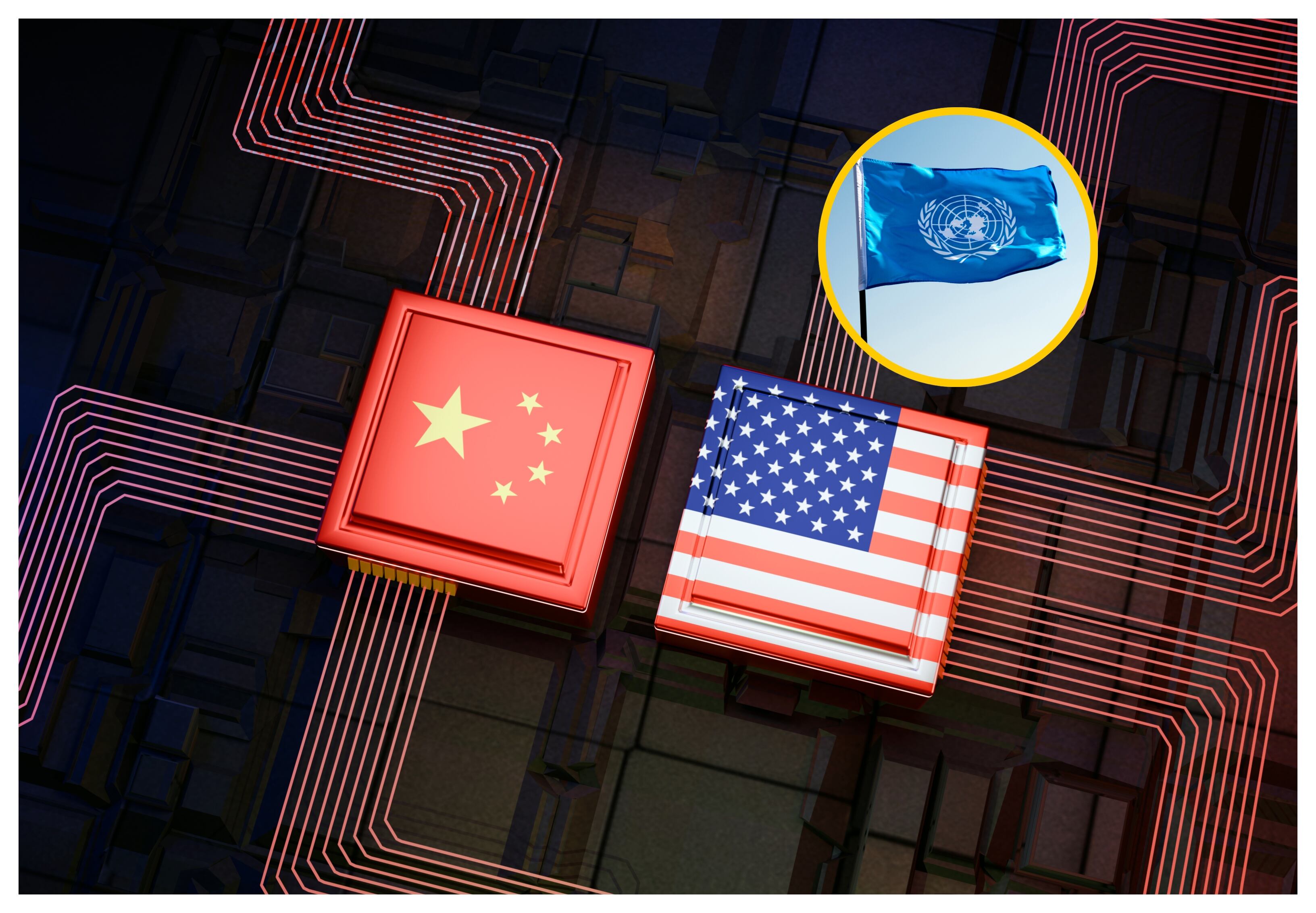 Referencia de aranceles de China y EE.UU. y bandera de la ONU. Foto: Wong Yu Liang y baona vía Getty Images.