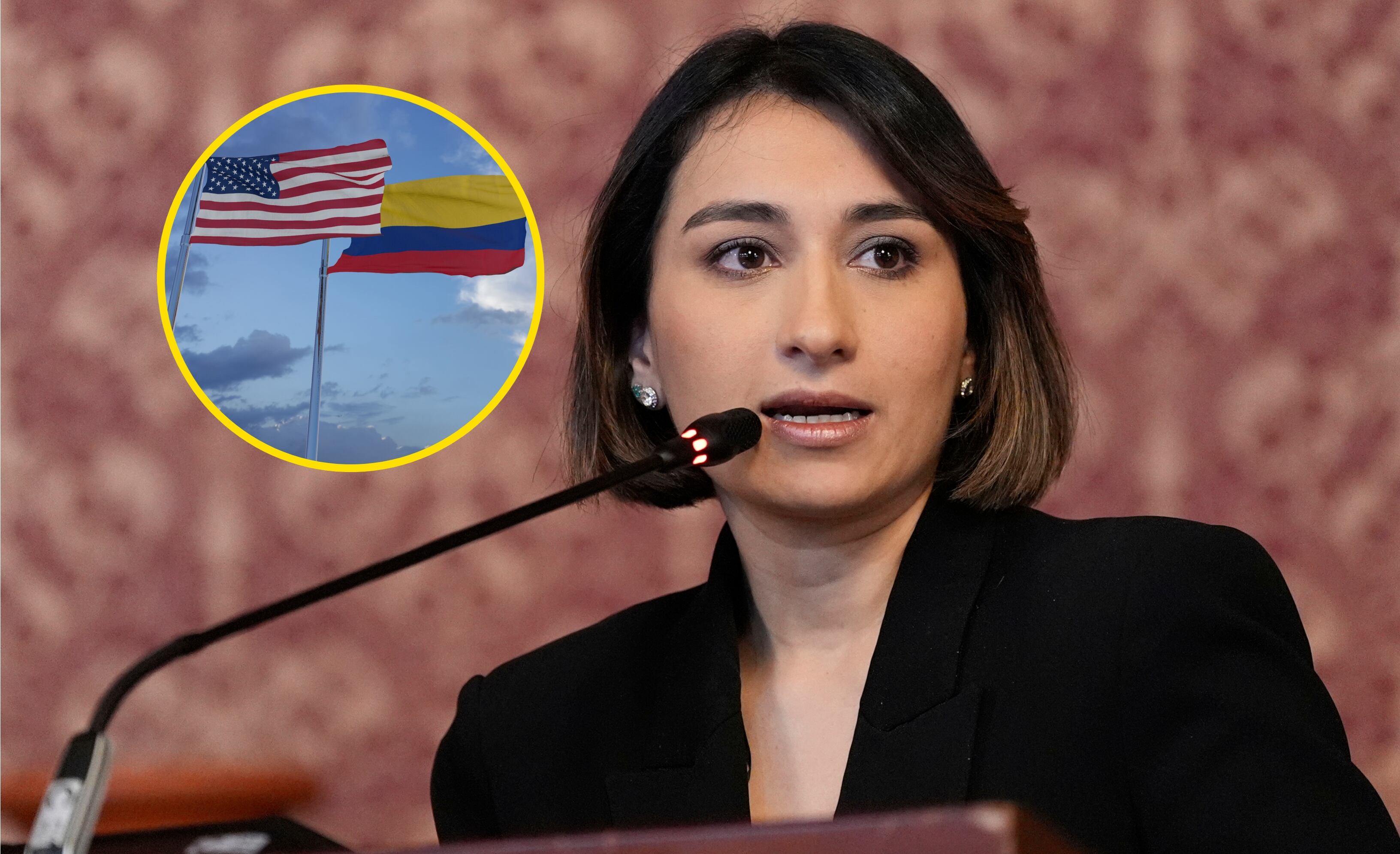 Laura Sarabia y banderas de Colombia y EE.UU. Foto: Alex Brandon-Pool/themotioncloud/ Getty Images.