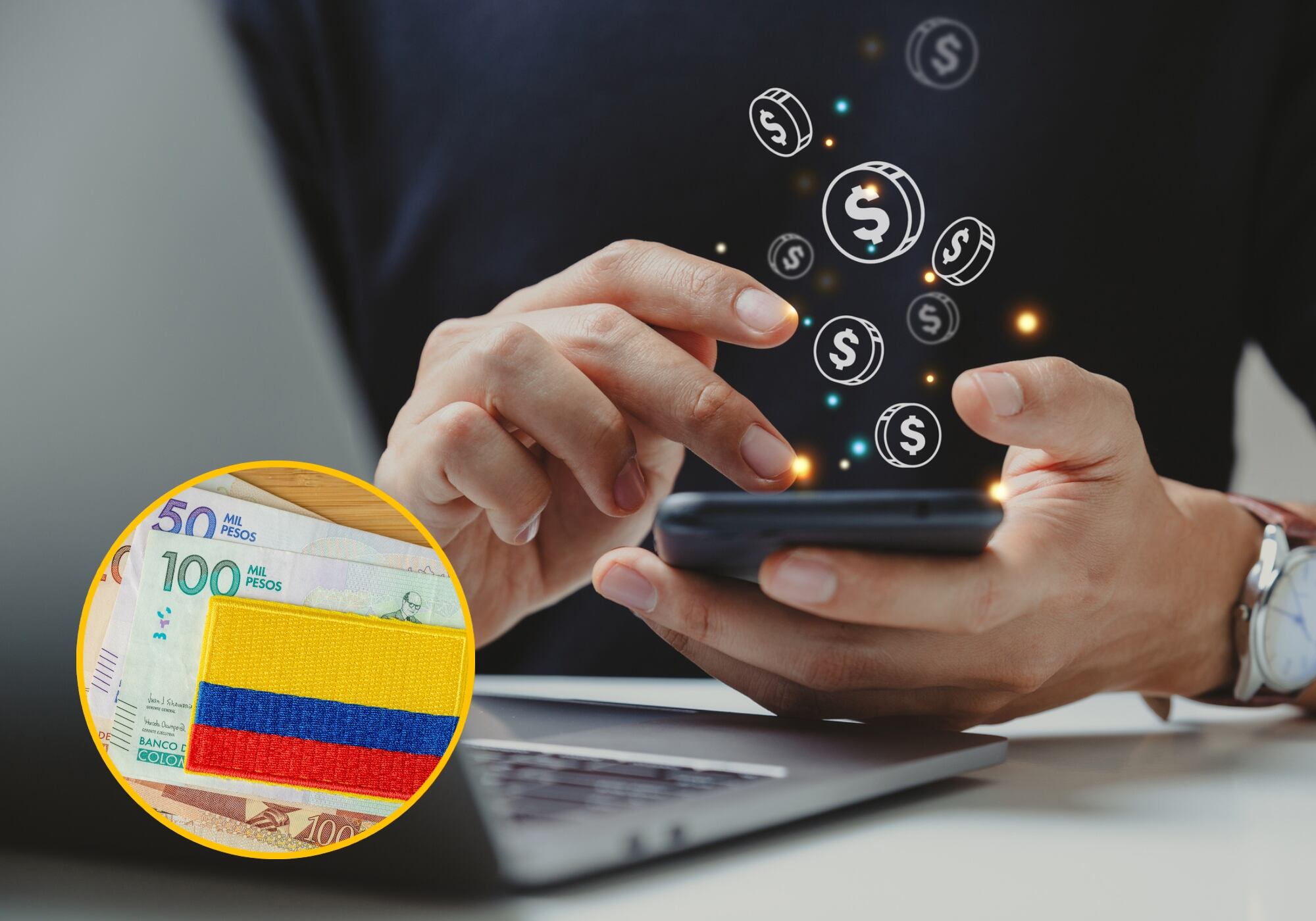 Imágenes de referencia de dinero colombianos y billetera virtual. Foto: Getty Images