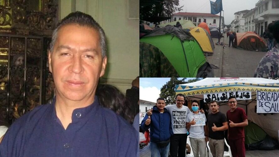 Diego Llanos Arboleda rechazó la ocupación del Parque Caldas por los estudiantes. Foto: Diego Llanos: Cortesía Periódico Virtual  | Fotos protesta: Cortesía Sucesos Cauca