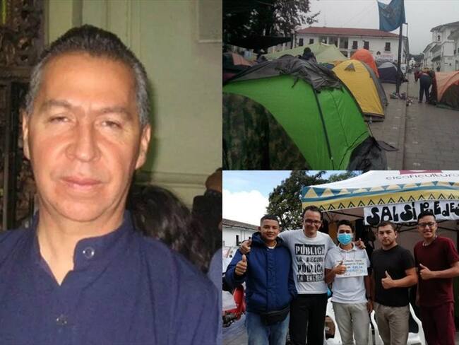 Diego Llanos Arboleda rechazó la ocupación del Parque Caldas por los estudiantes. Foto: Diego Llanos: Cortesía Periódico Virtual | Fotos protesta: Cortesía Sucesos Cauca