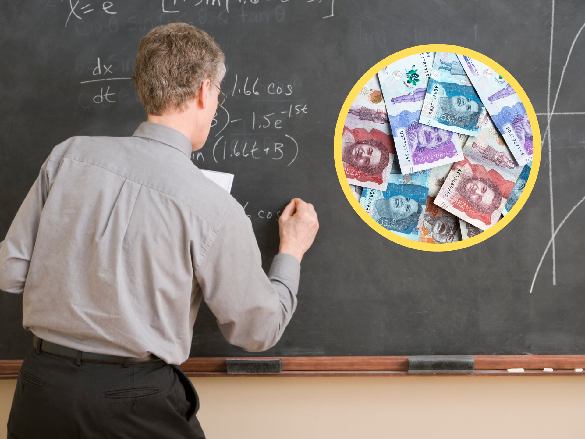 Profesor escribiendo en una pizarra y encima dinero colombiano (GettyImages)