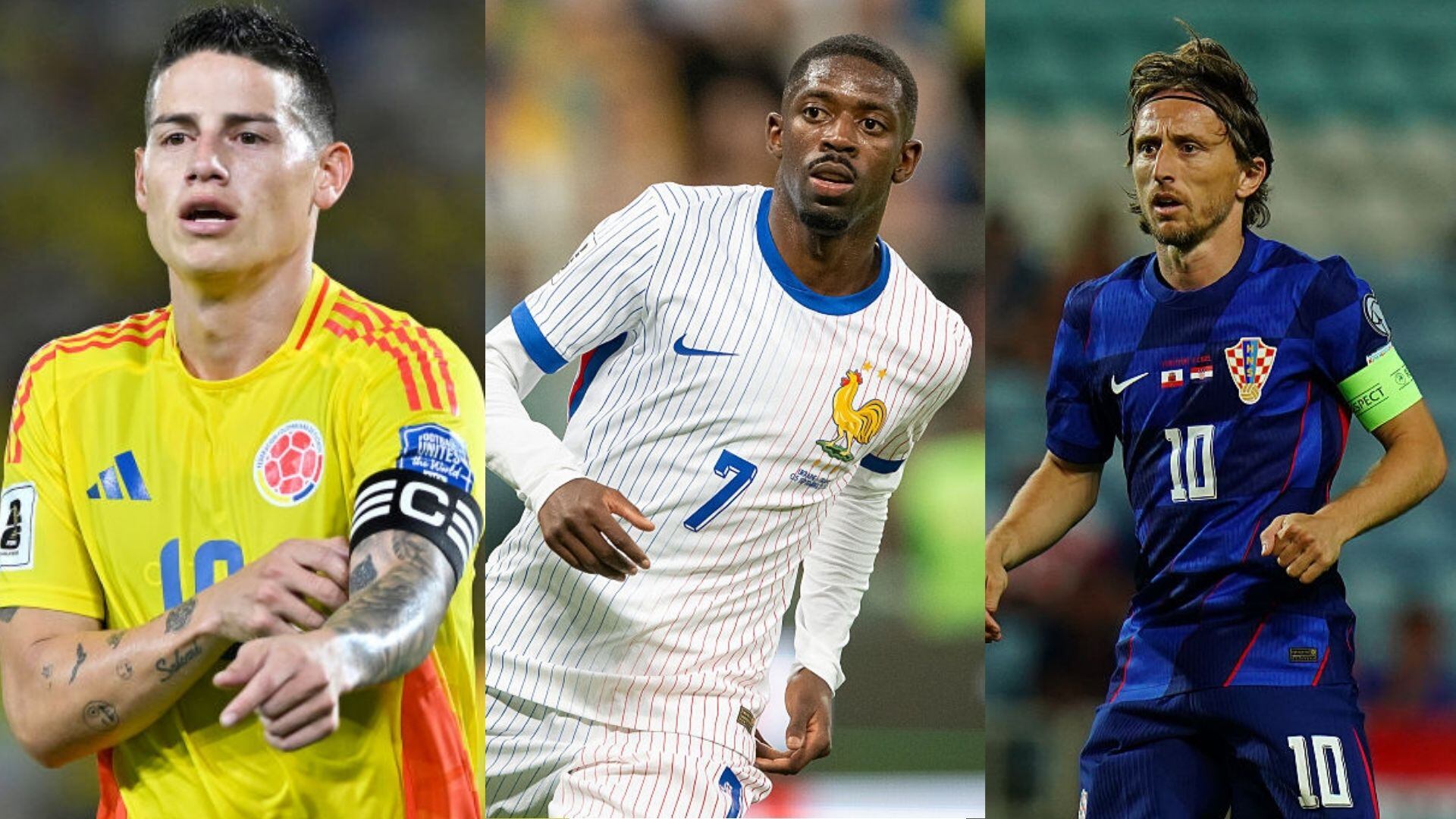 James Rodríguez, Ousmane Dembele y Luka Modric. FOTOS: Gabriel Aponte, Mateusz Slodkowski y Gualter Fatia/Getty Images