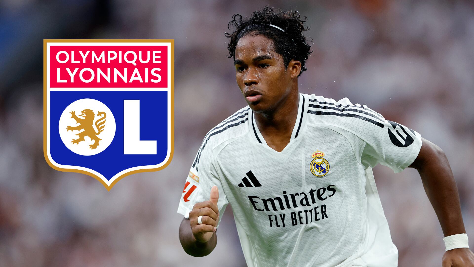 Endrick durante un encuentro con el Real Madrid. FOTO: Rico Brouwer/Soccrates/Getty Images, escudo Olympique de Lyon: Web 1000 Marcas.