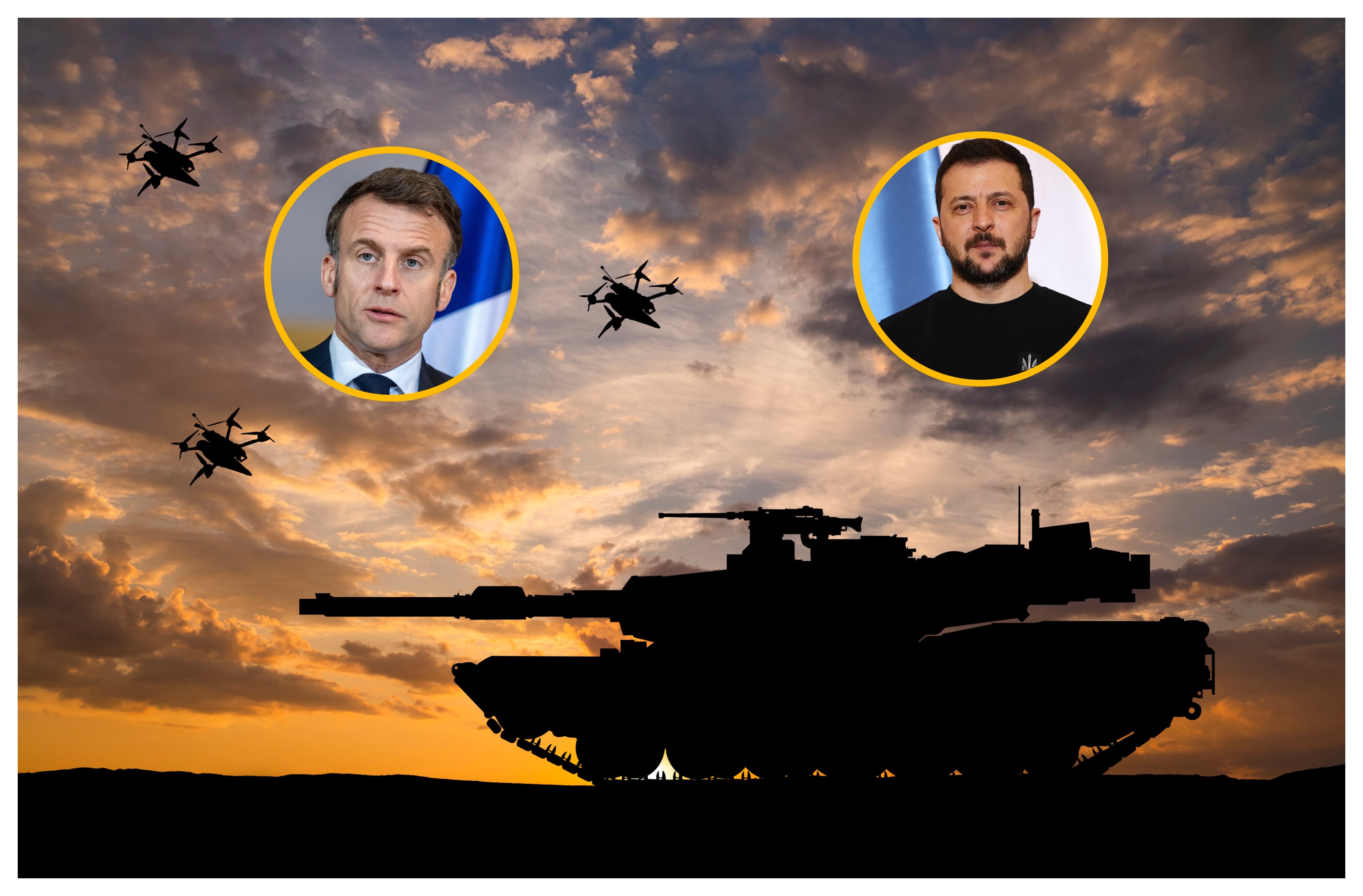 Apoyo militar, Emmanuel Macron y Volodímir Zelenski. Foto: Anton Petrus vía Getty images.