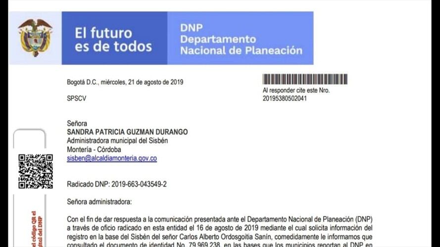 Mediante un escrito, el Departamento Nacional de Planeación, negó la vinculación del candidato a la alcaldía de Montería, Carlos Ordosgoitia Sanín, en el Sisbén.. Foto: Luz Helena Fonseca
