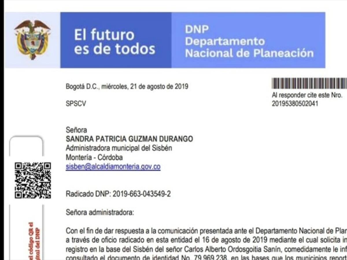 DNP niega que candidato a la alcaldía de Montería esté en el Sisbén
