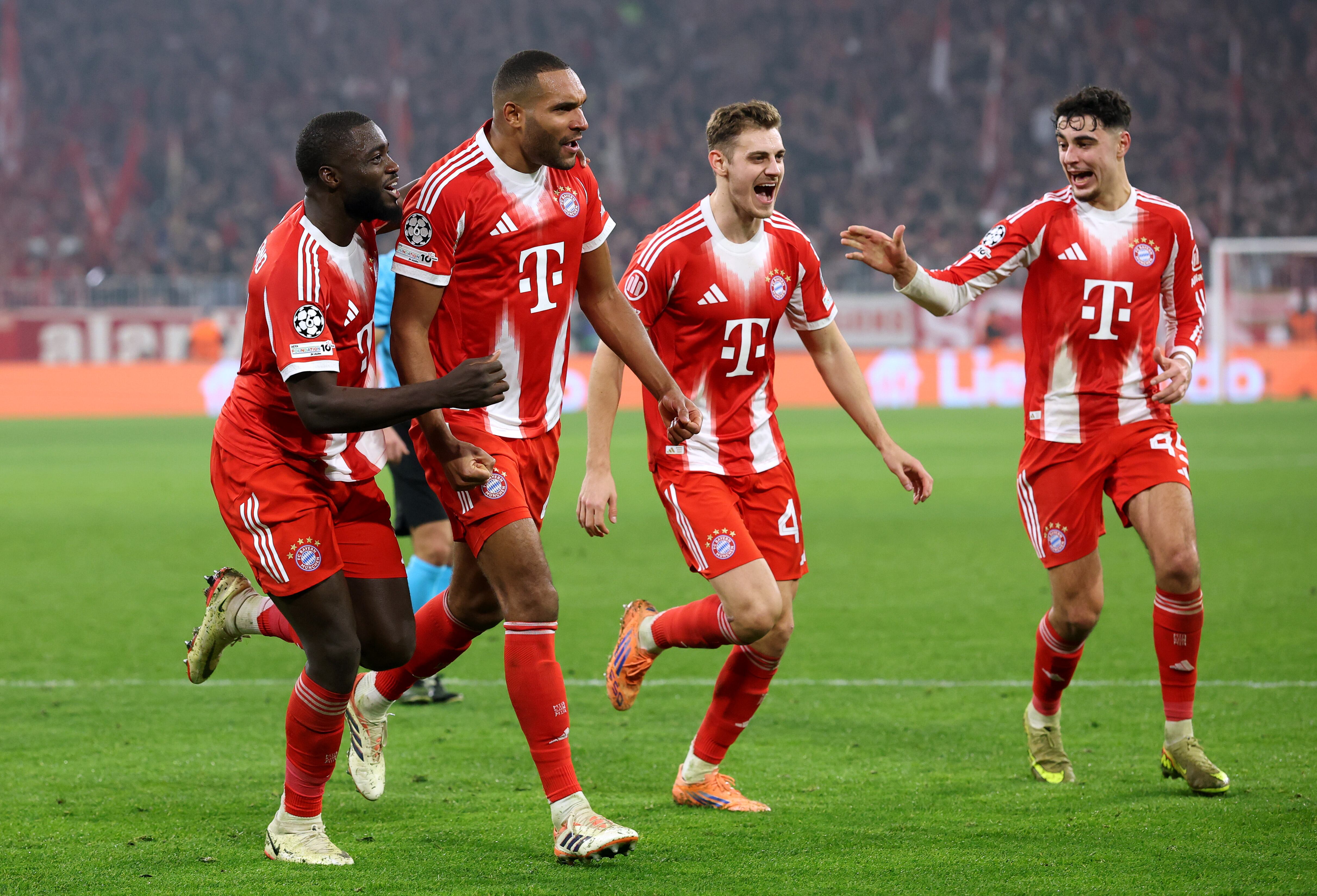 Jonathan Tah celebra su gol ante el Sporting CP por Champions League junto a sus compañeros del Bayern Múnich. FOTO: Alexander Hassenstein/Getty Images
