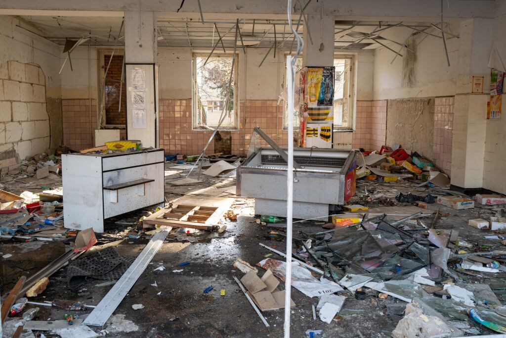BORODIANKA, UKRAINE - JANUARY 02: The remains of a store stand in the partially destroyed town of Borodianka on January 02, 2023 in Borodianka, Ukraine.  (Photo by Spencer Platt/Getty Images)