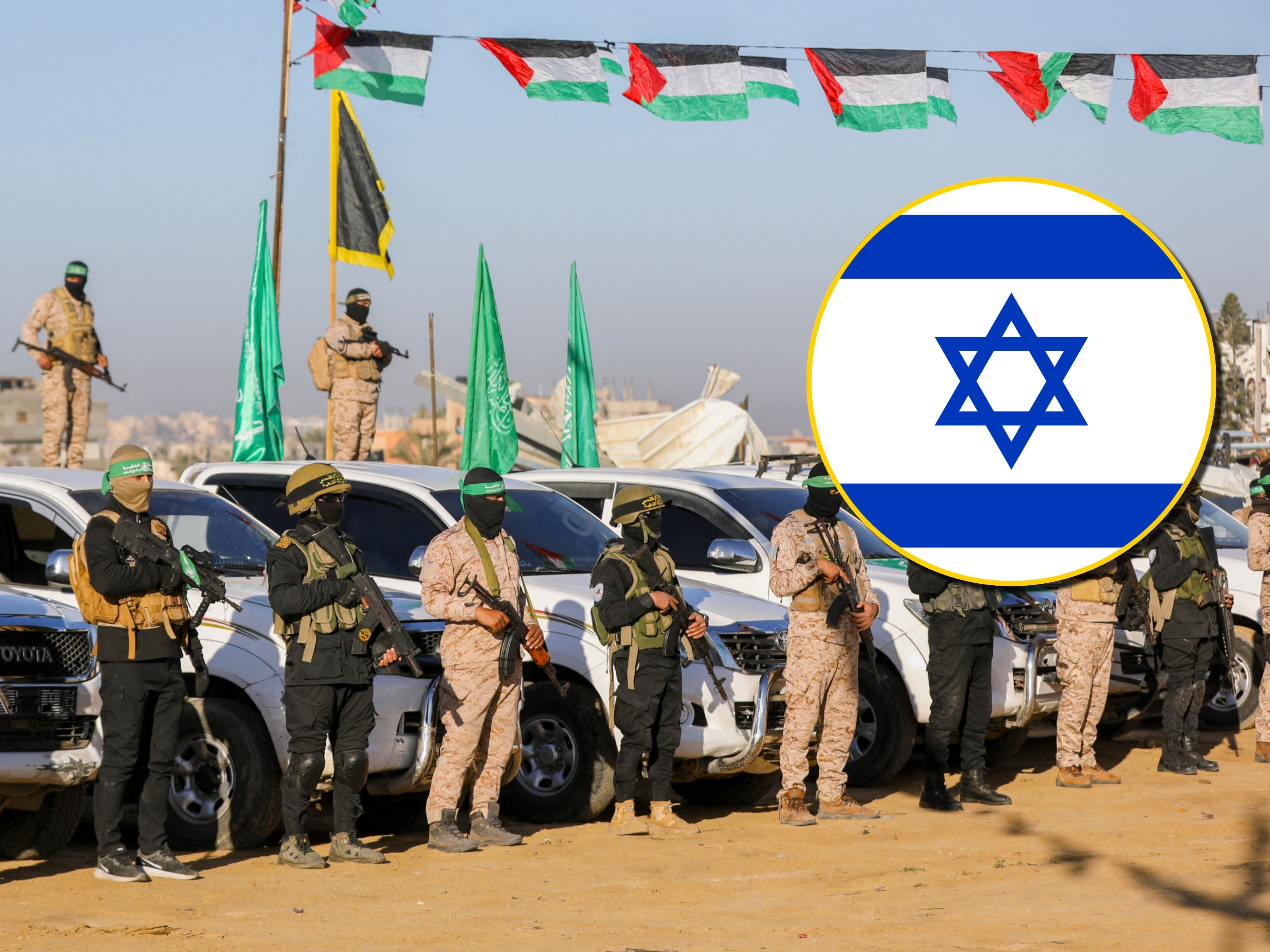 Entrega de rehenes israelís por parte de Hamás. FOTO: MOIZ SALHI/Middle East Images/AFP/Getty Images