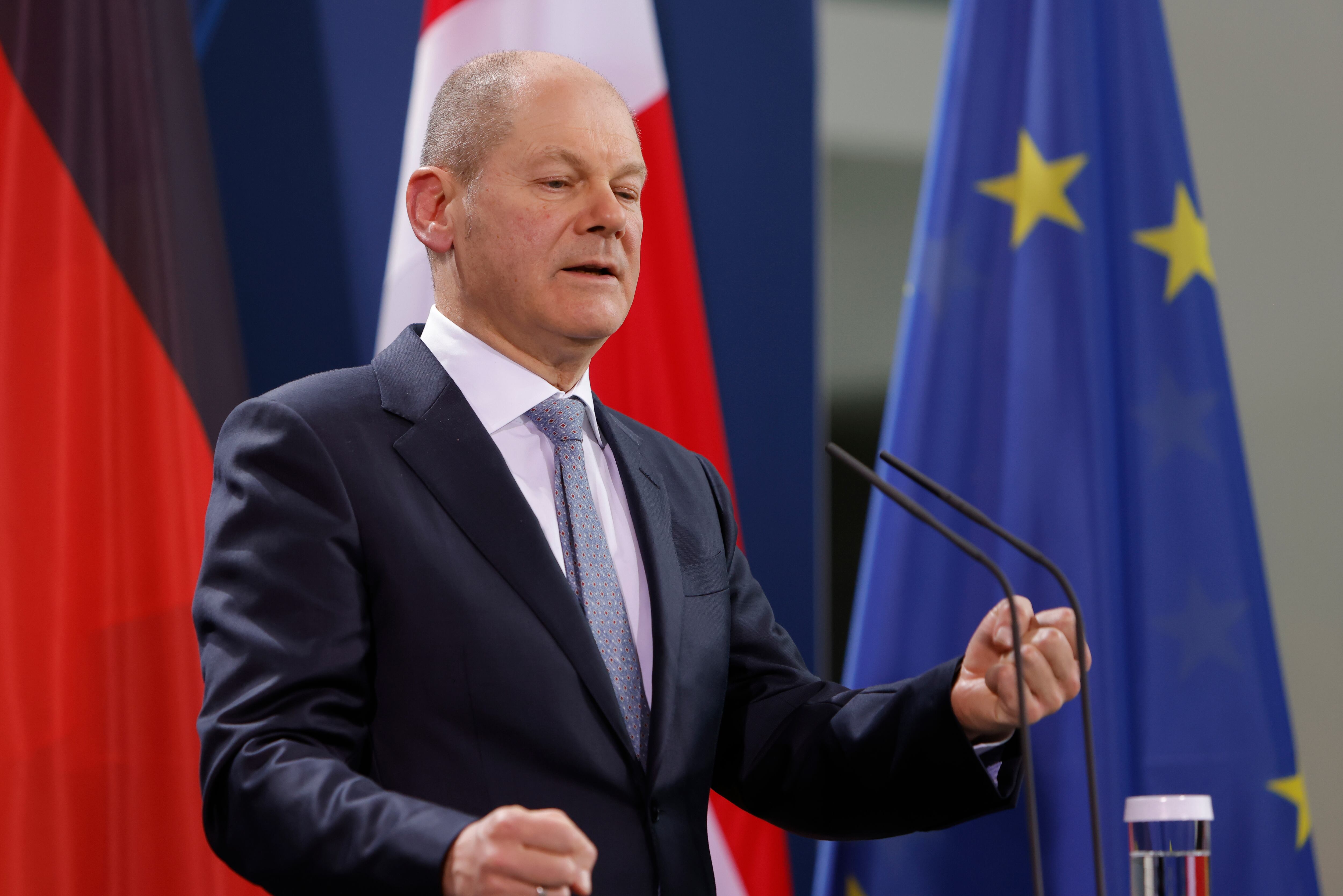 BERLIN, GERMANY - FEBRUARY 09: German Chancellor Olaf Scholz  speaks to the media during a joint press conference with Danish Prime Minister following talks at the Chancellery on February 9, 2022 in Berlin, Germany. Frederiksen is in Germany for the first time since Scholz became chancellor. (Photo by Michele Tantussi/Getty Images)