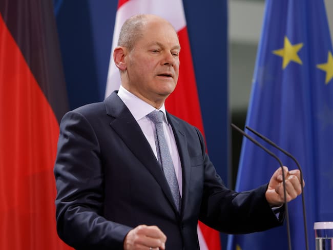 BERLIN, GERMANY - FEBRUARY 09: German Chancellor Olaf Scholz  speaks to the media during a joint press conference with Danish Prime Minister following talks at the Chancellery on February 9, 2022 in Berlin, Germany. Frederiksen is in Germany for the first time since Scholz became chancellor. (Photo by Michele Tantussi/Getty Images)