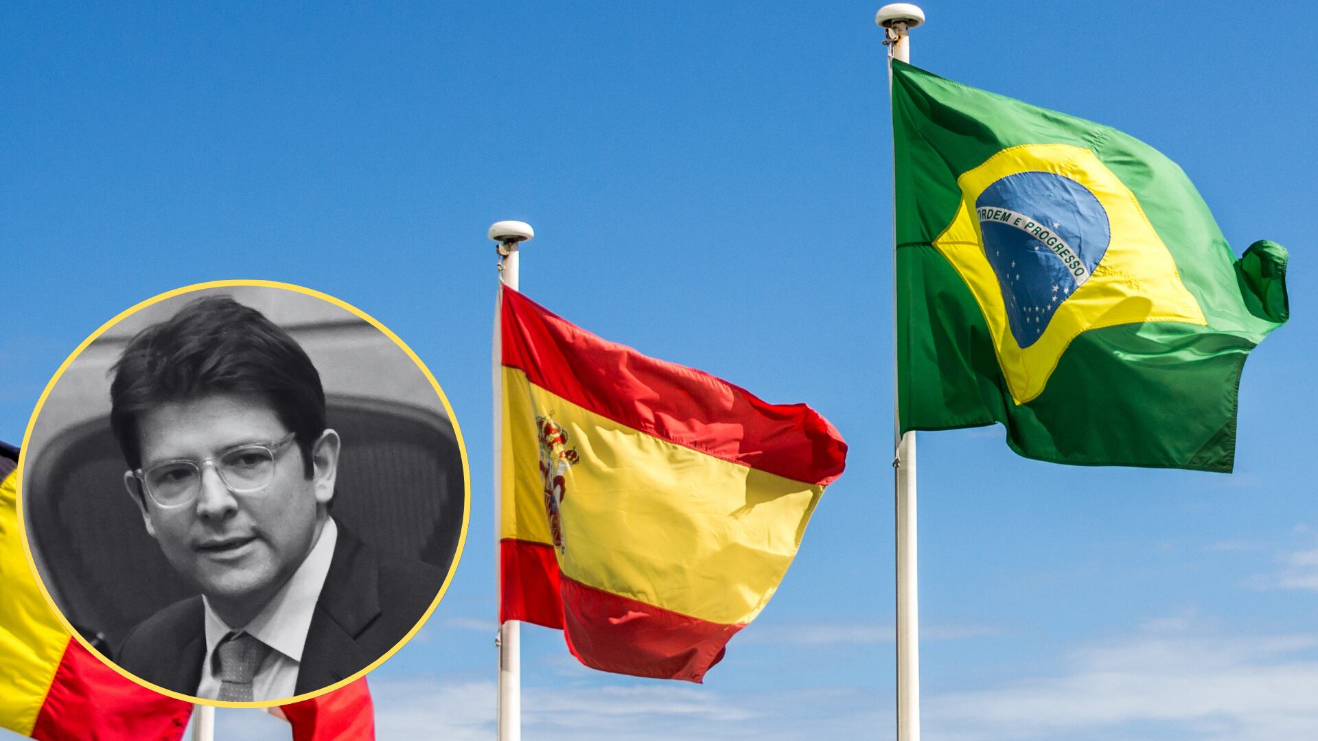 Bnaderas Brasi y España, senador y precandidato presidencial Miguel Uribe Turbay