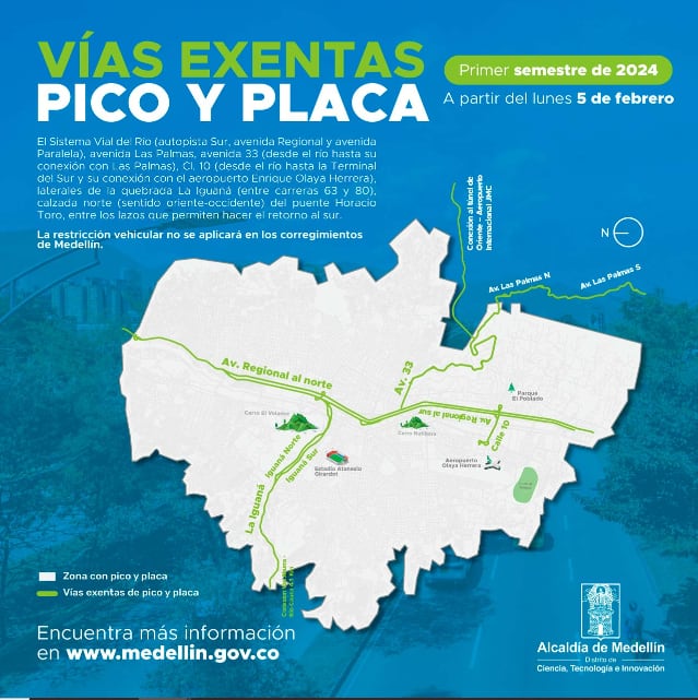 Vías exentas pico y placa Medellín.