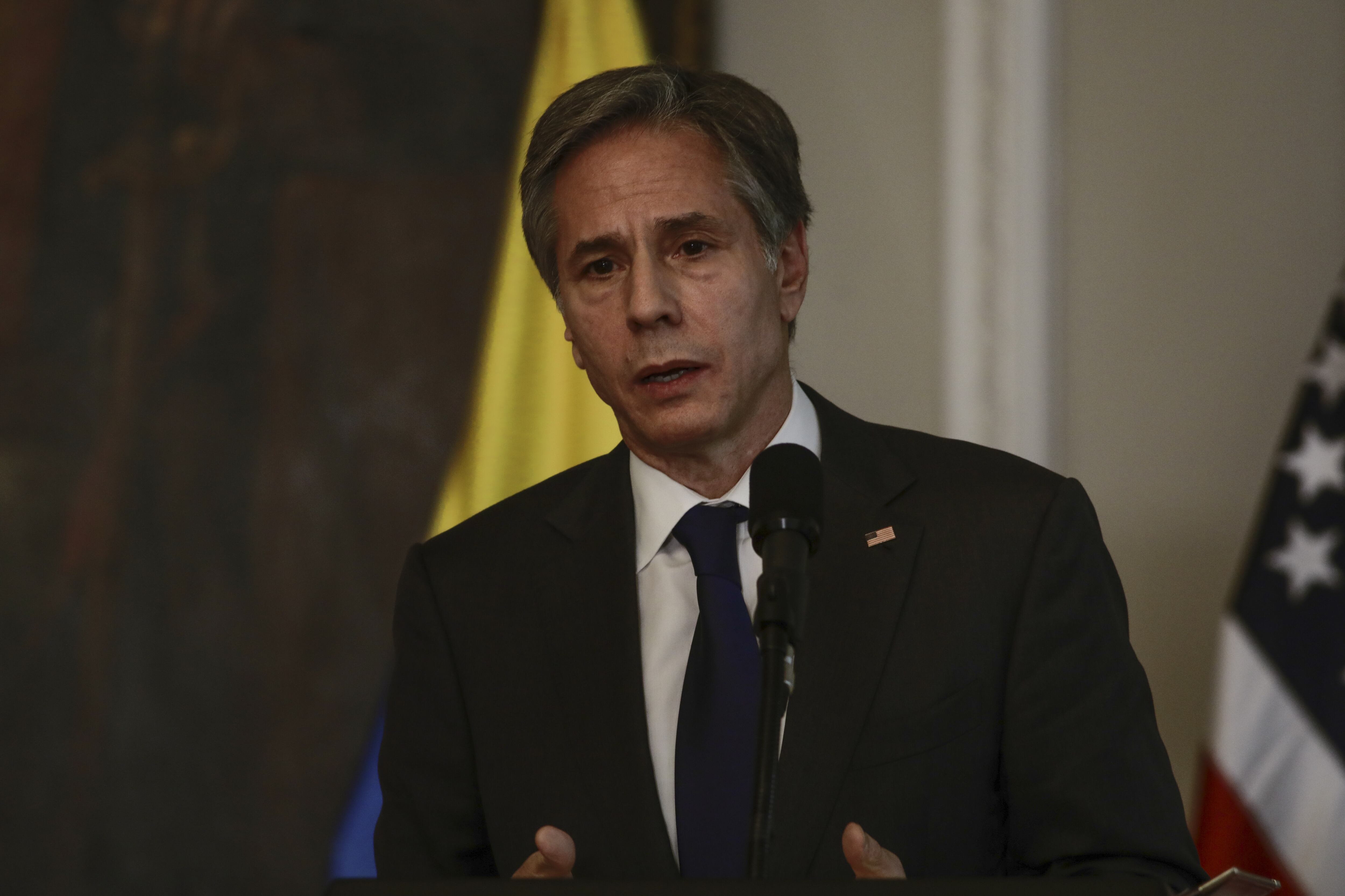 BOGOTA, COLOMBIA - OCTOBER 20: The Colombian President, Ivan Duque Marquez (Not Seen), and the U.S. Secretary of State, Antony Blinken, speak after a meeting on his first official visit to South America at Casa de NariÃ±o Palace in Bogota, Colombia on October 20, 2021. Their talked-about strategic issues for Colombia and the region, like the growing wave of migration. The agenda, which will last for two days, begins with a bilateral meeting with President IvÃ¡n Duque and the Vice President and Chancellor, Marta LucÃ­a RamÃ­rez, in which the shared priorities of both nations will be discussed, such as the promotion and protection of democracy. in the region, the policy of Peace with Legality, human rights and climate change. (Photo by Juancho Torres/Anadolu Agency via Getty Images)