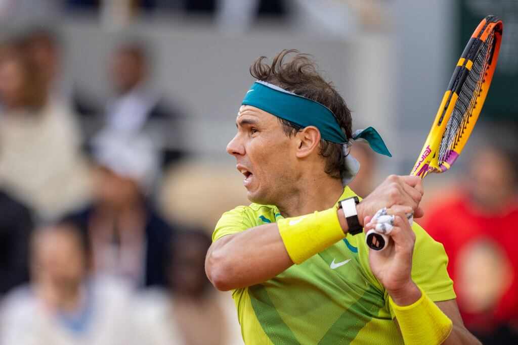 PARIS, FRANCE May 29. Rafael Nadal of Spain in action against Felix Auger-Aliassime of Canada on Court Philippe Chatrier during the singles fourth round match at the 2022 French Open Tennis Tournament at Roland Garros on May 29th 2022 in Paris, France. (Photo by Tim Clayton/Corbis via Getty Images)