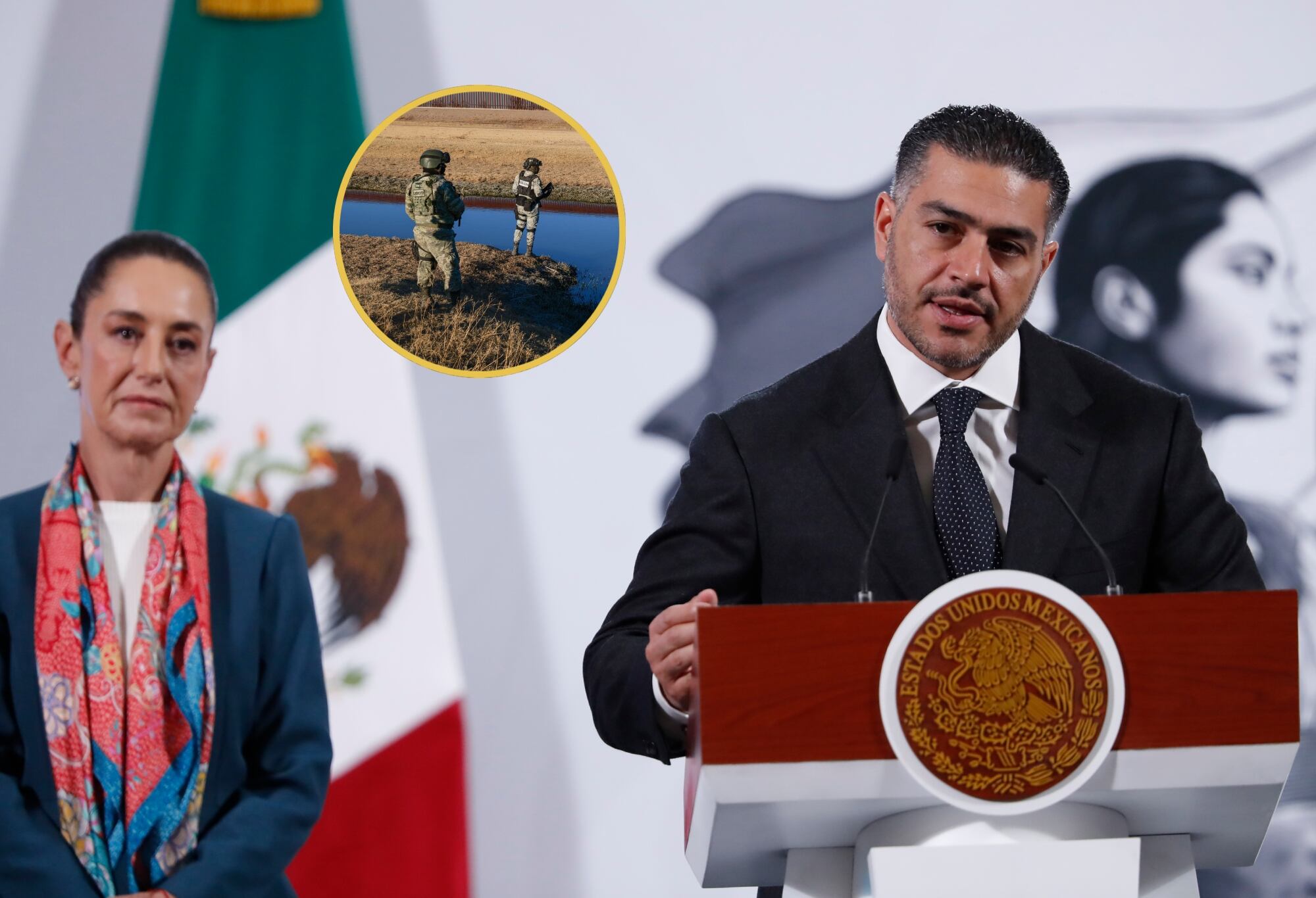El secretario de Seguridad y Protección Ciudadana, Omar García Harfuch, habla de la presidenta de México, Claudia Sheinbaum. FOTO: EFE/ Mario Guzmán