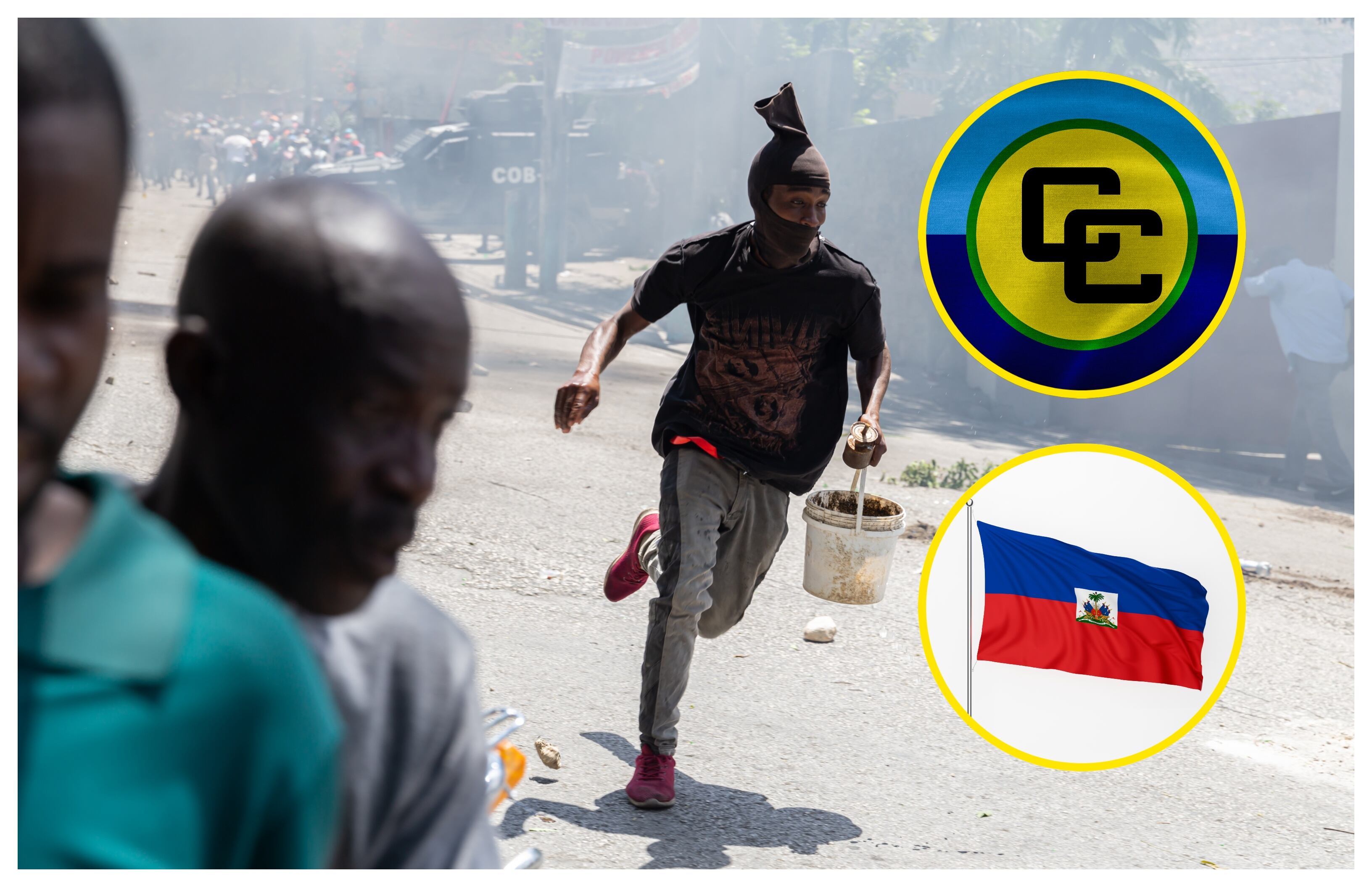 Protesta ante la violencia pandillera, bandera de Haití y Caricom. Foto: Guerinault Louis/Anadolu/ INchendio/ Getty Images.
