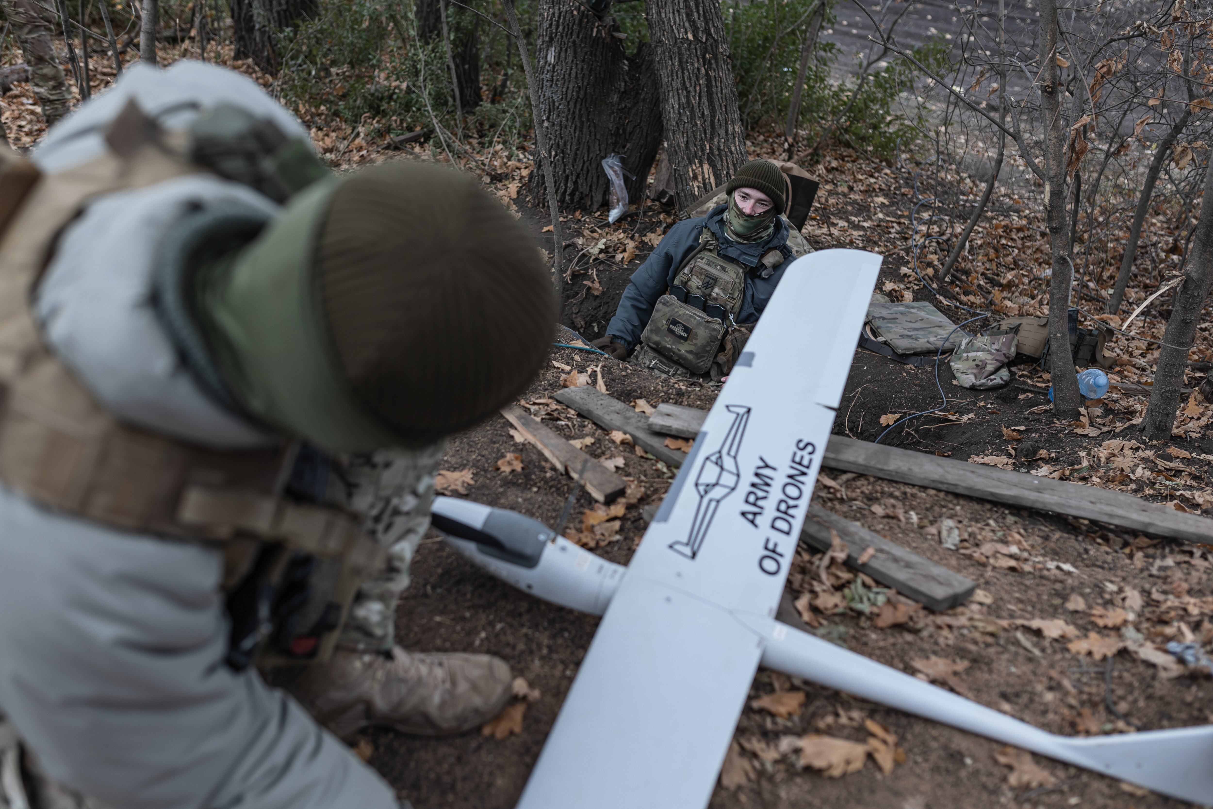 DONETSK OBLAST, UKRAINE - NOVEMBER 12: Ukrainian soldiers from the AZOV Brigade prepare a reconnaissance drone in the direction of Toretsk, Donetsk Oblast, Ukraine as Russia-Ukraine war continues. (Diego Herrera Carcedo/Anadolu via Getty Images)