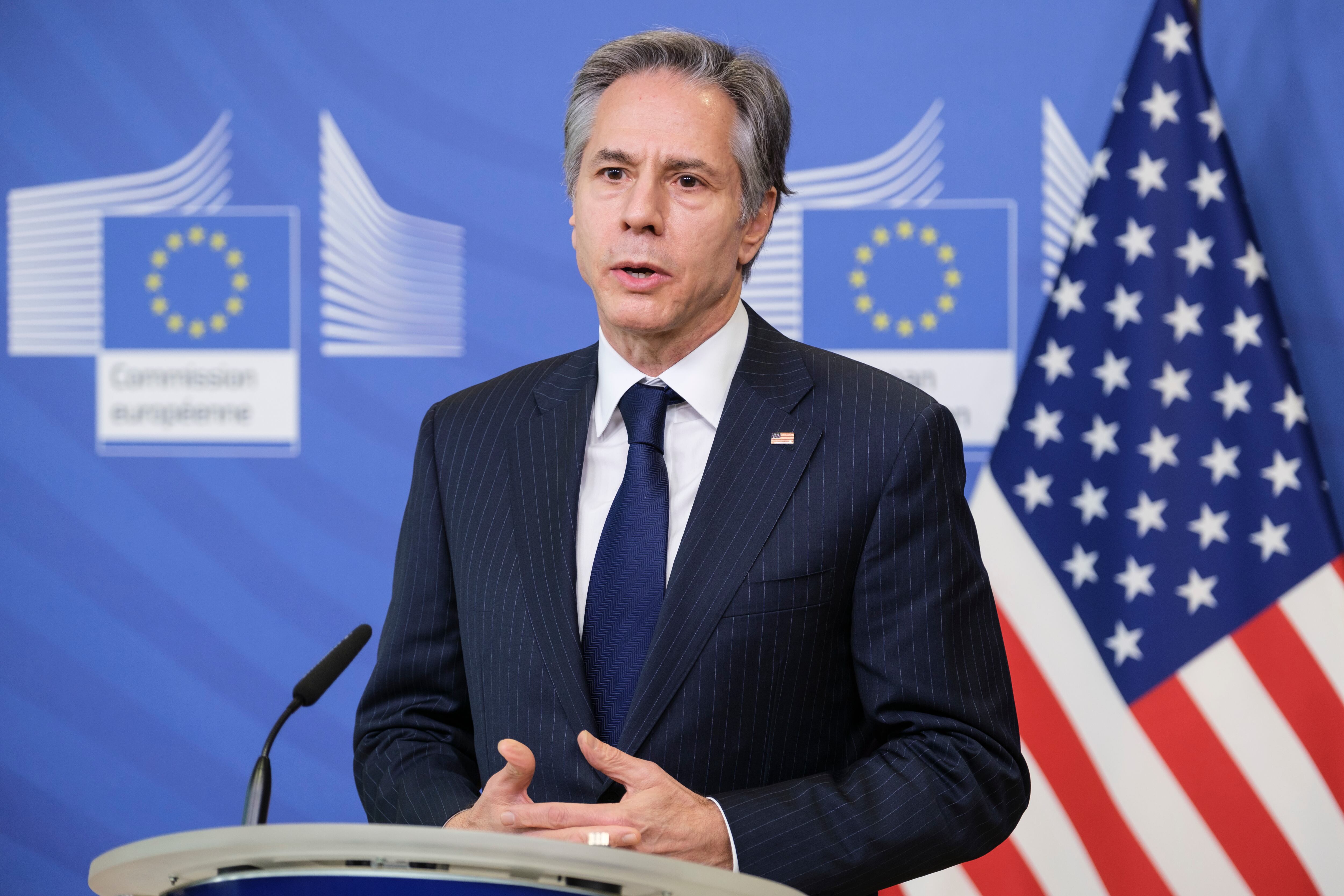 BRUSSELS, BELGIUM - MARCH 4: United States Secretary of State Antony Blinken (L) is welcomed by the EU Commission's President (Unseen) prior a bilateral meeting in the Berlaymont, the EU Commission headquarter on March 4, 2022 in Brussels, Belgium. (Photo by Thierry Monasse/Getty Images)