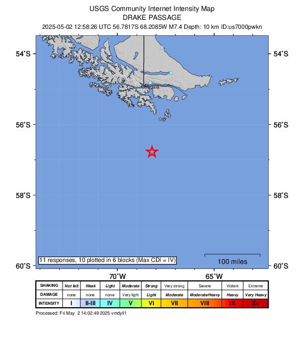 Mapa del sismo. Foto: EFE/EPA/USGS.