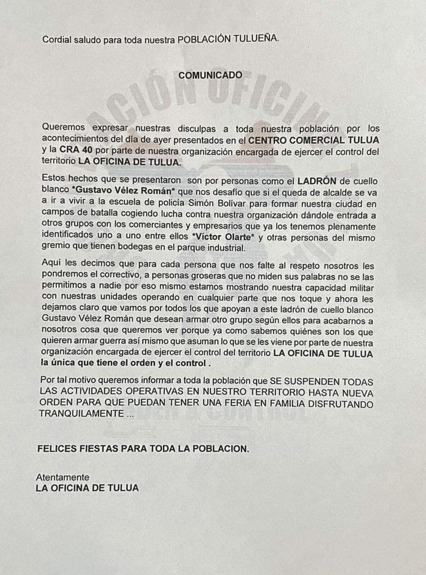 El documento señala que el ataque sicarial fue en señal de oposición a la campaña política del precandidato Gustavo Vélez Román. Foto: Cortesía.