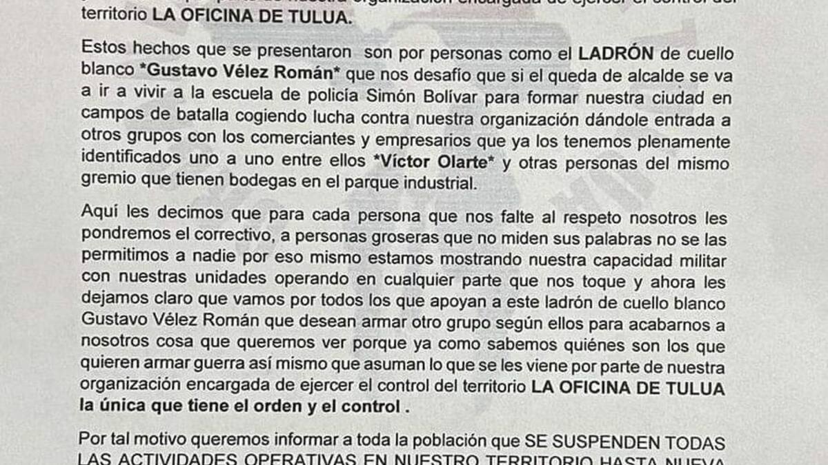 Investigan panfleto de ‘La Oficina’ de Tuluá en el que se atribuye ataque sicarial