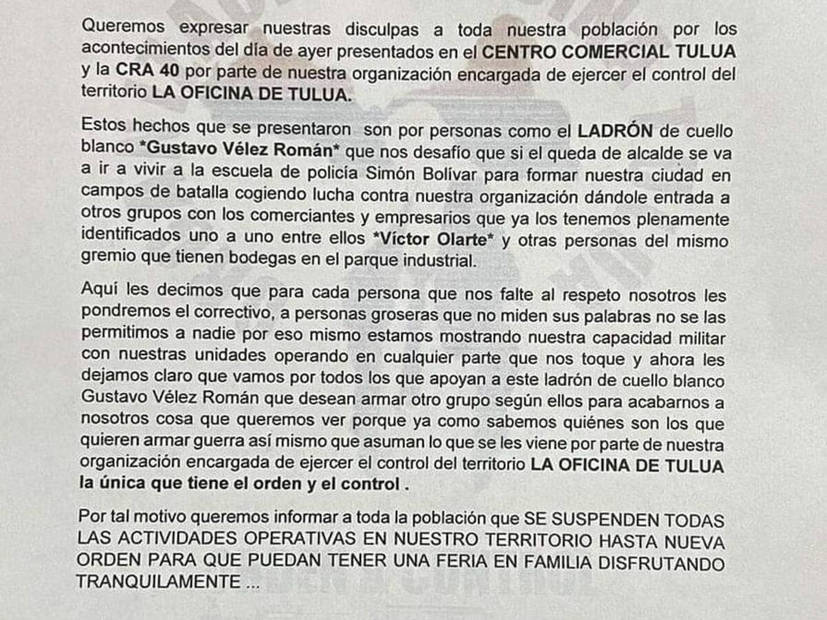Investigan panfleto de ‘La Oficina’ de Tuluá en el que se atribuye ataque sicarial
