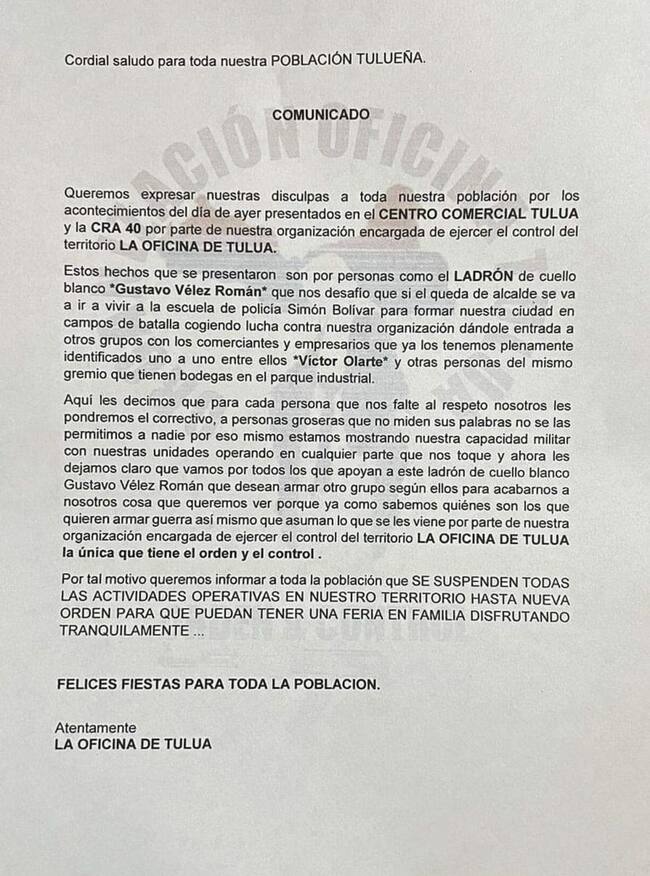 El documento señala que el ataque sicarial fue en señal de oposición a la campaña política del precandidato Gustavo Vélez Román. Foto: Cortesía.