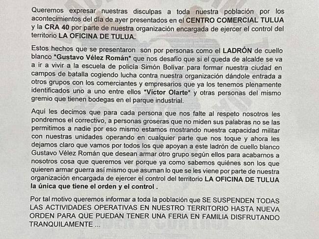 El documento señala que el ataque sicarial fue en señal de oposición a la campaña política del precandidato Gustavo Vélez Román. Foto: Cortesía.