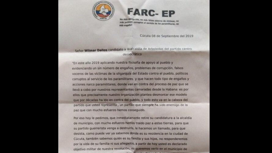 Fue revelado un panfleto con fecha 8 de septiembre, donde fue amenazado Wilmar Dallos. Foto: Colprensa