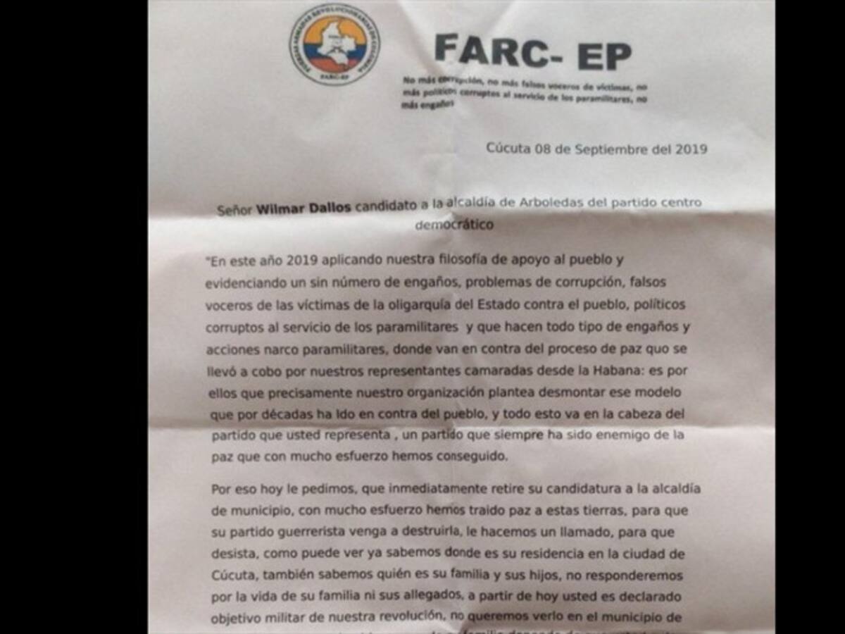 Candidato a Alcaldía de Arboledas, Norte de Santander recibió amenazas de un grupo armado