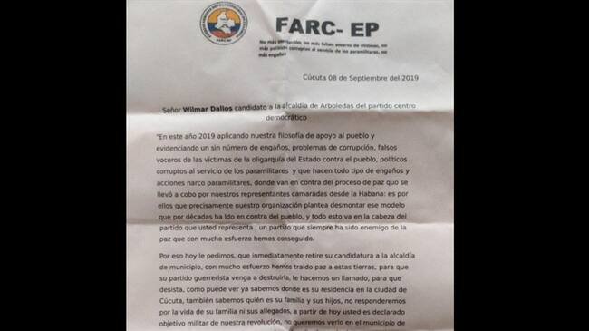 Fue revelado un panfleto con fecha 8 de septiembre, donde fue amenazado Wilmar Dallos. Foto: Colprensa