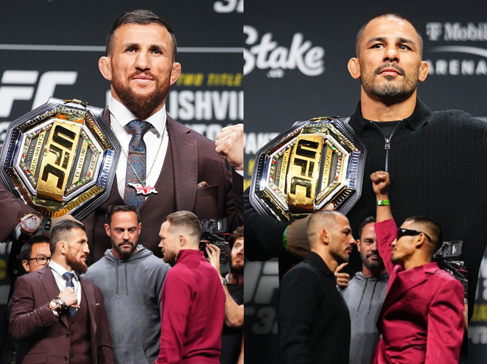 Merab Dvalishvili vs. Petr Yan (fotos de la izquierda) y Alexandre Pantoja vs. Joshua Van (fotos de la derecha). Fotos: Getty Images.
