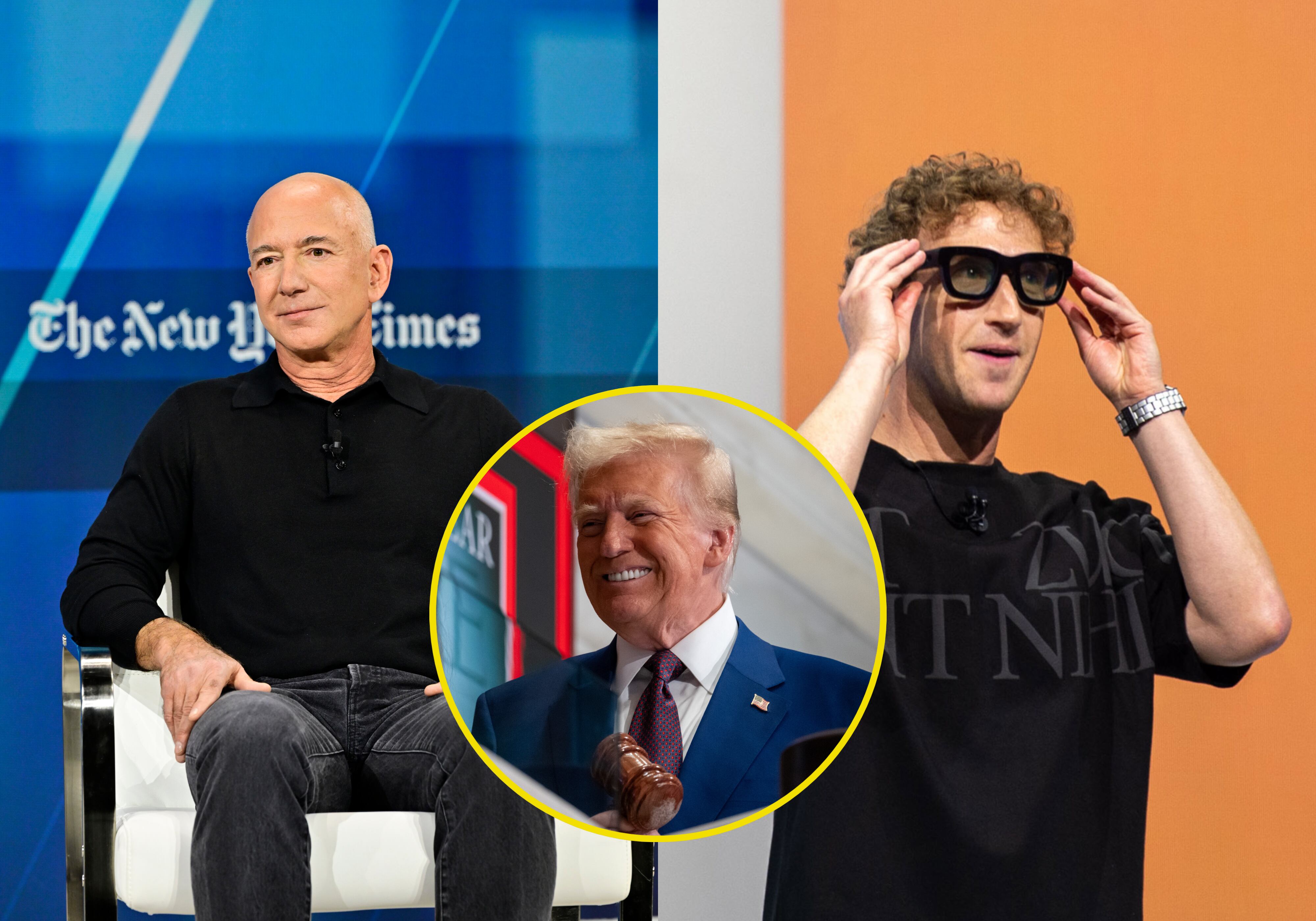 Jeff Bezos, CEO de Amazon (Eugene Gologursky/Getty Images); Mark Zuckerberg, CEO de Meta (Andrej Sokolow/picture alliance vía Getty Images), y Donald Trump, presidente electo de Estados Unidos (Spencer Platt/Getty Images)
