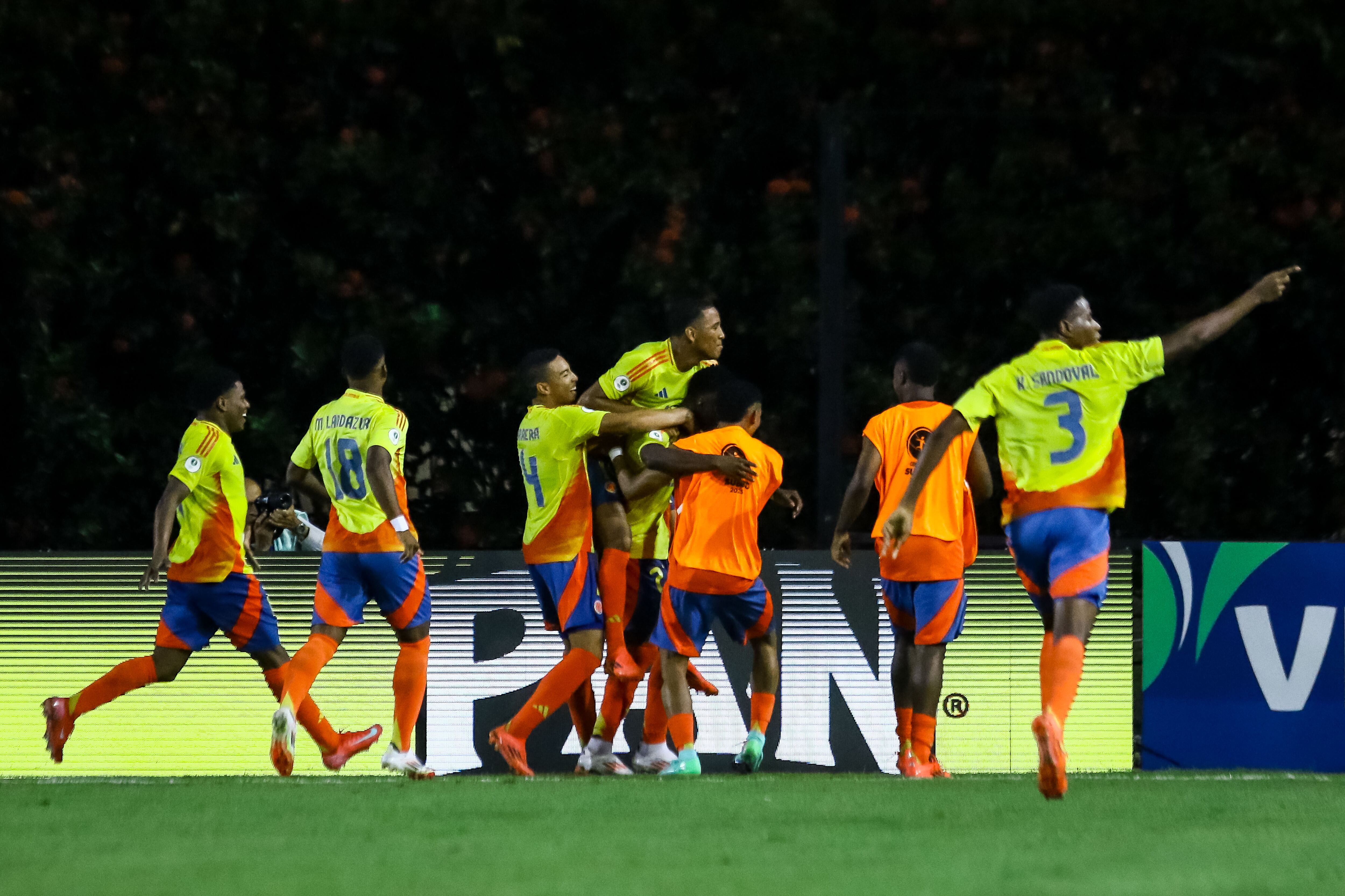 Jugadores de Colombia celebran un el gol marcado frente a Ecuador. FOTO: EFE/ Juan Carlos Hernández