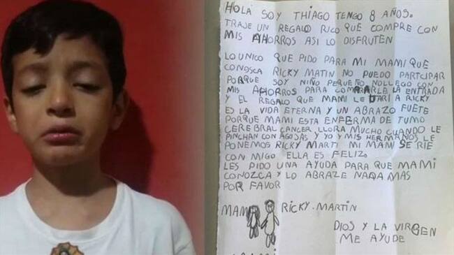 El pequeño envío un desayuno a un programa de televisión que estaba regalando la posibilidad de conocer al artista puertoriqueño.. Foto: Cortesía eldoce.tv