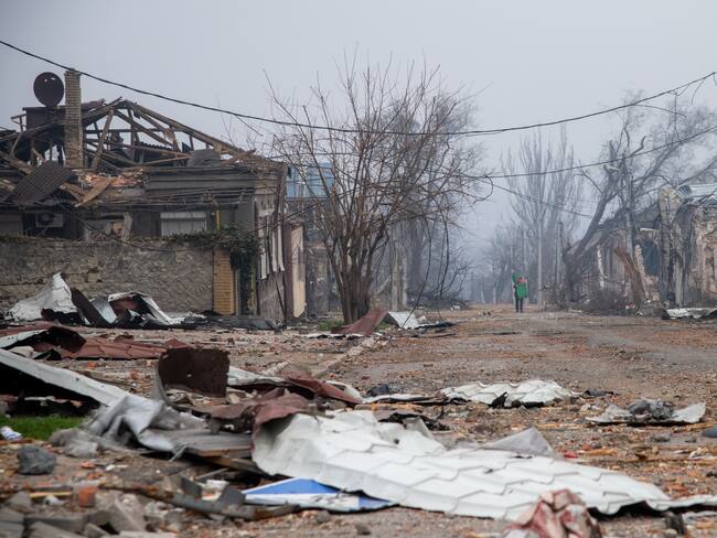 MARIUPOL, UKRAINE - 2022/04/09: Destruction is visible in the shattered port city of Mariupol, southeastern Ukraine, following the Russian attacks. The battle between Russian / Pro Russian forces and the defending Ukrainian forces led by the Azov battalion continues in the port city of Mariupol. (Photo by Maximilian Clarke/SOPA Images/LightRocket via Getty Images)