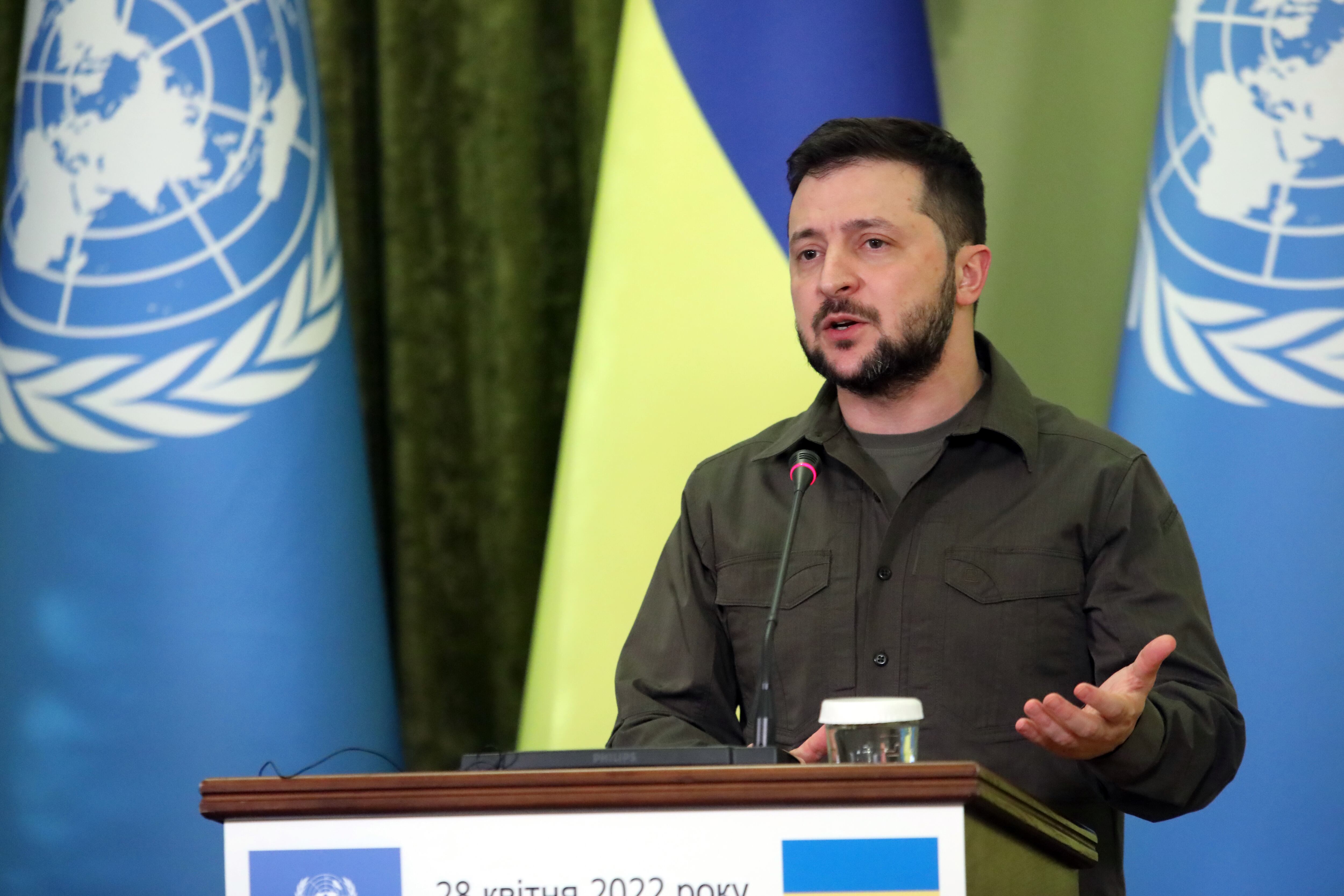 KYIV, UKRAINE - APRIL 28, 2022 - President of Ukraine Volodymyr Zelenskyy is pictured during a joint press conference with UN Secretary-General Antonio Guterres in Kyiv, capital of Ukraine. (Photo credit should read Volodymyr Tarasov/ Ukrinform/Future Publishing via Getty Images)