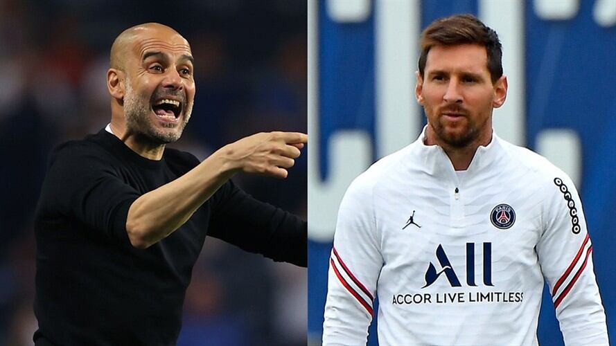 Pep Guardiola, entrenador del Manchester City, y Lionel Messi, jugador del PSG. Foto: Alexander Hassenstein - UEFA/UEFA via Getty Images / Aurelien Meunier - PSG/PSG via Getty Images