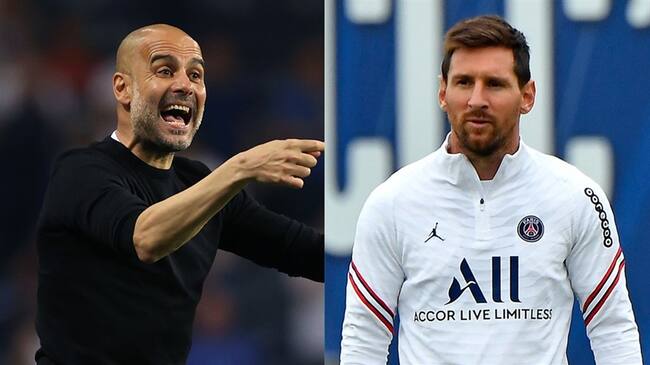 Pep Guardiola, entrenador del Manchester City, y Lionel Messi, jugador del PSG. Foto: Alexander Hassenstein - UEFA/UEFA via Getty Images / Aurelien Meunier - PSG/PSG via Getty Images
